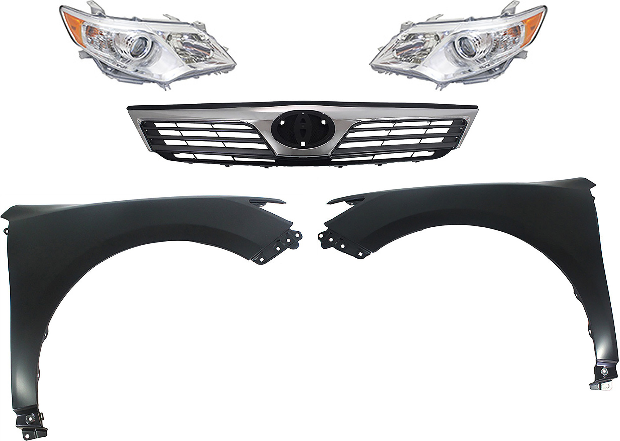 AM CAMRY 12-14 HEAD LAMP RH AND LH Assembly Halogen 5 pc Kit with Fenders and Grille Assembly CAPA SKU KIT 031323-67 Partslink TO1200344 TO1240239C TO1241239C TO2502211C TO2503211C OEM 5310106320-5381106140-53812061