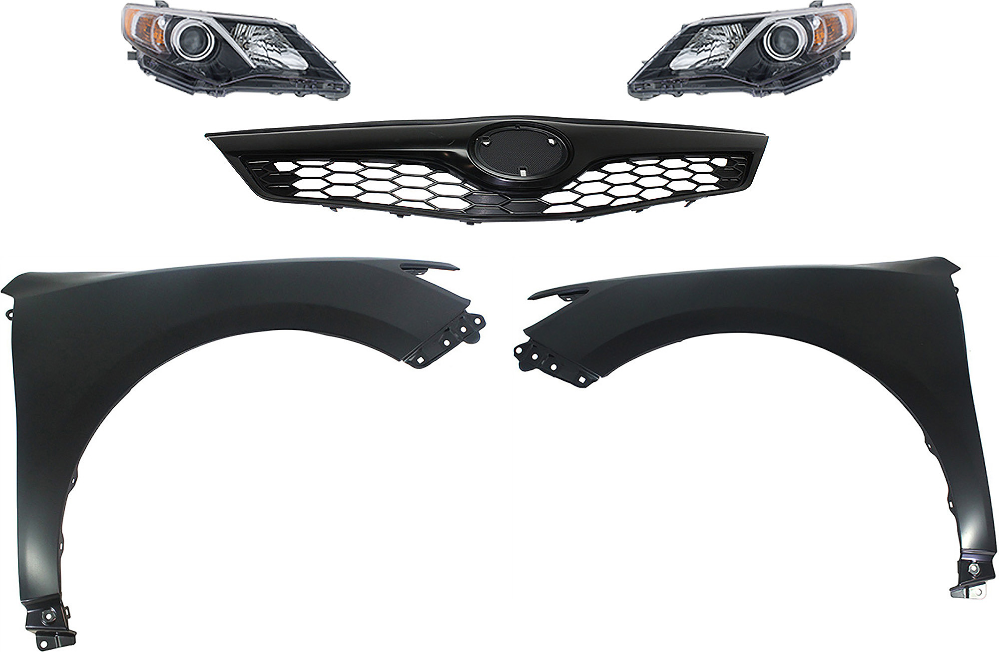 AM CAMRY 12-14 HEAD LAMP RH AND LH Assembly Halogen 5 pc Kit with Fenders and Grille Assembly CAPA SKU KIT 031323-68 Partslink TO1200354 TO1240239C TO1241239C TO2502212C TO2503212C OEM 5310106340C0-5381106140-538120