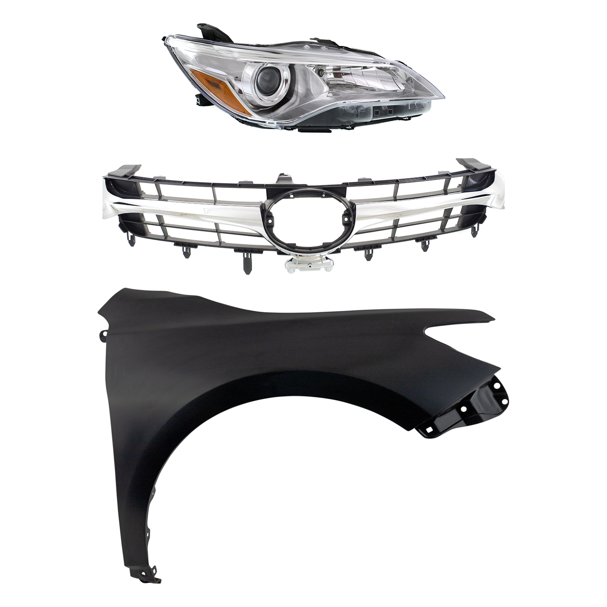 AM CAMRY 15-17 HEAD LAMP RH Assembly Halogen 3 pc Kit with Fender and Grille Assembly SKU KIT 031323-6901 Partslink TO2503222 TO1241250 TO1200377 TO1200387 OEM 8111006860-5381106200-53101064