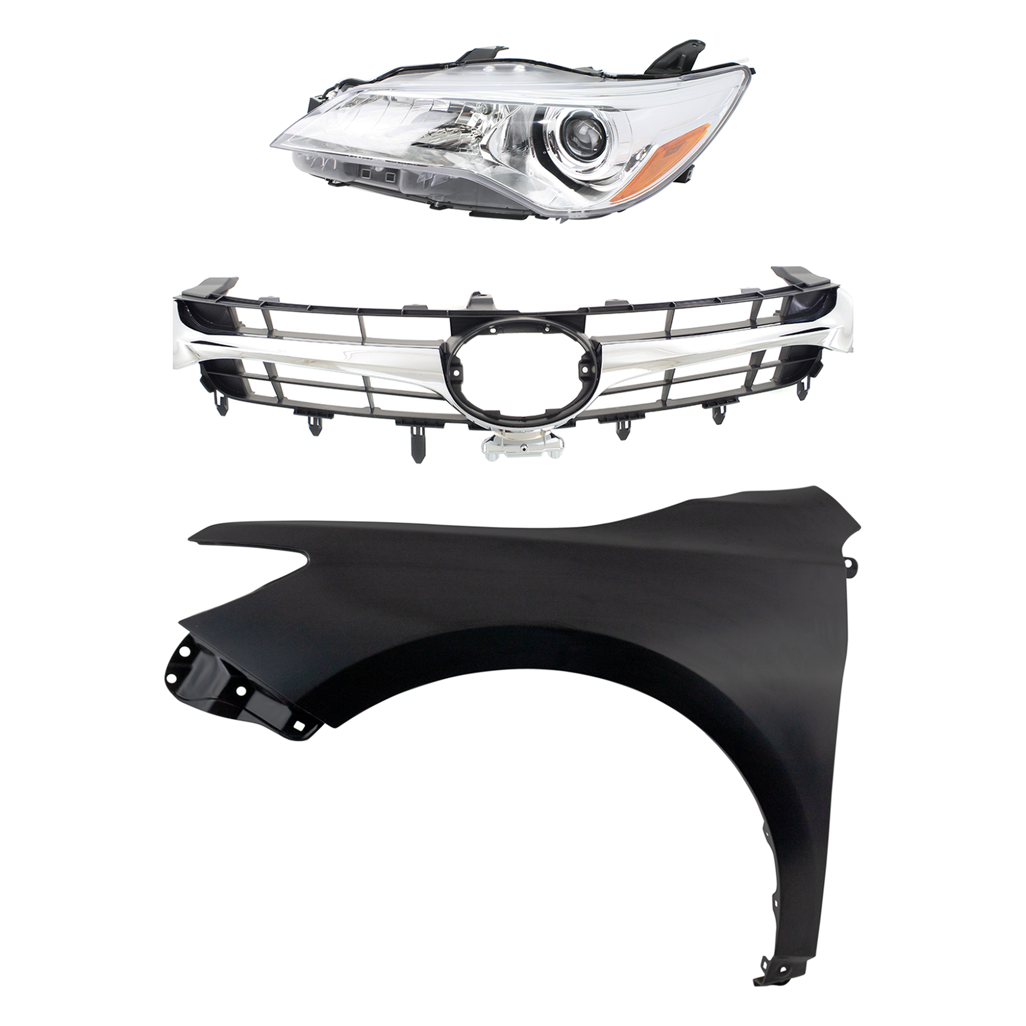 AM CAMRY 15-17 HEAD LAMP LH Assembly Halogen 3 pc Kit with Fender and Grille Assembly SKU KIT 031323-6902 Partslink TO2502222 TO1240250 TO1200377 TO1200387 OEM 8115006860-5381206210-53101064
