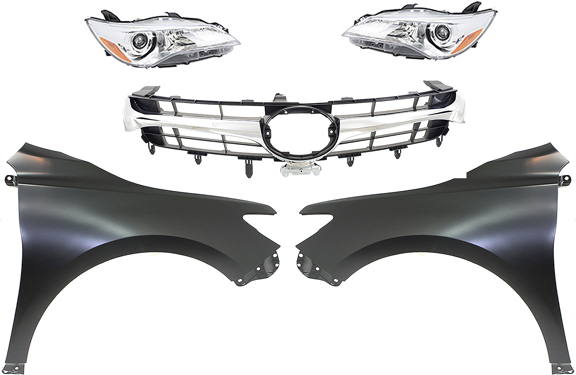 AM CAMRY 15-17 HEAD LAMP RH AND LH Assembly Halogen 5 pc Kit with Fenders and Grille Assembly SKU KIT 031323-69 Partslink TO2502222 TO2503222 TO1241250 TO1240250 TO1200377 TO1200387 OEM 8111006860-8115006860-53811062