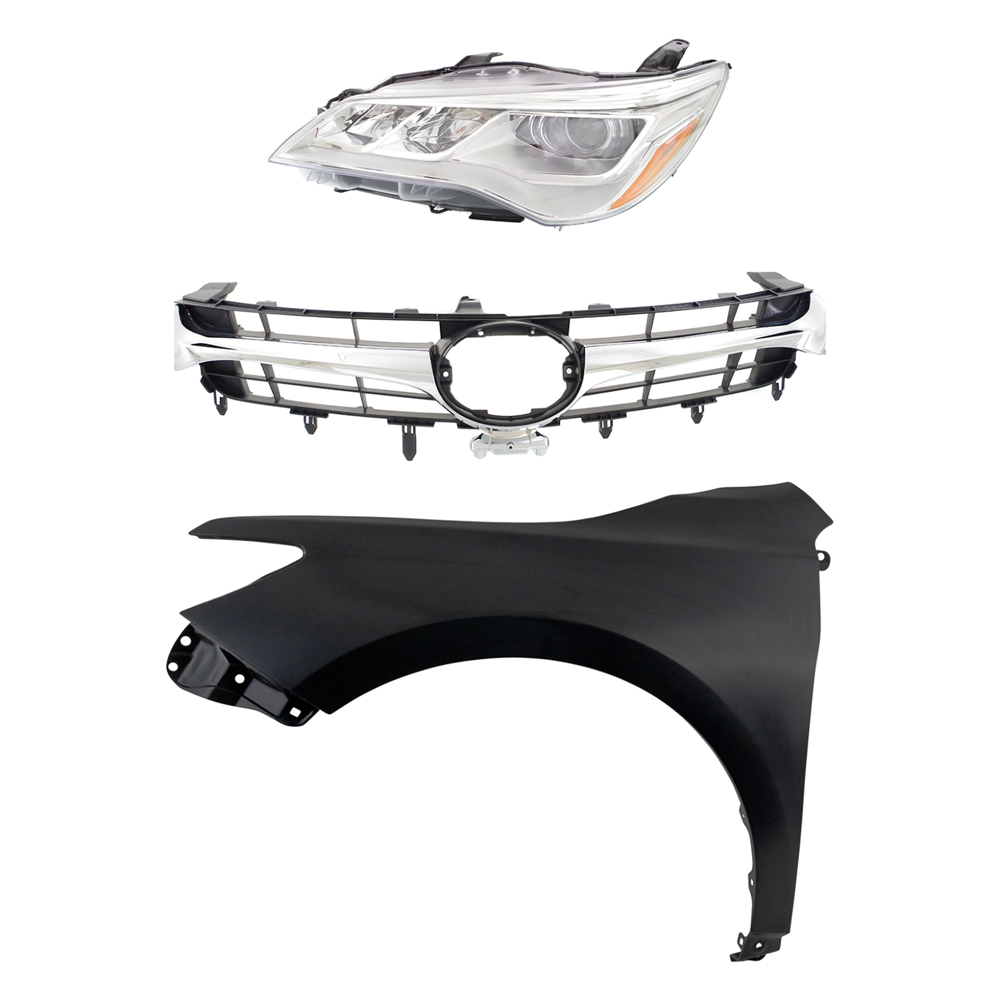 AM CAMRY 15-17 HEAD LAMP LH Assembly LED 3 pc Kit with Fender and Grille Assembly SKU KIT 031323-7002 Partslink TO2502223 TO1240250 TO1200377 TO1200387 OEM 8115006870-5381206210-53101064