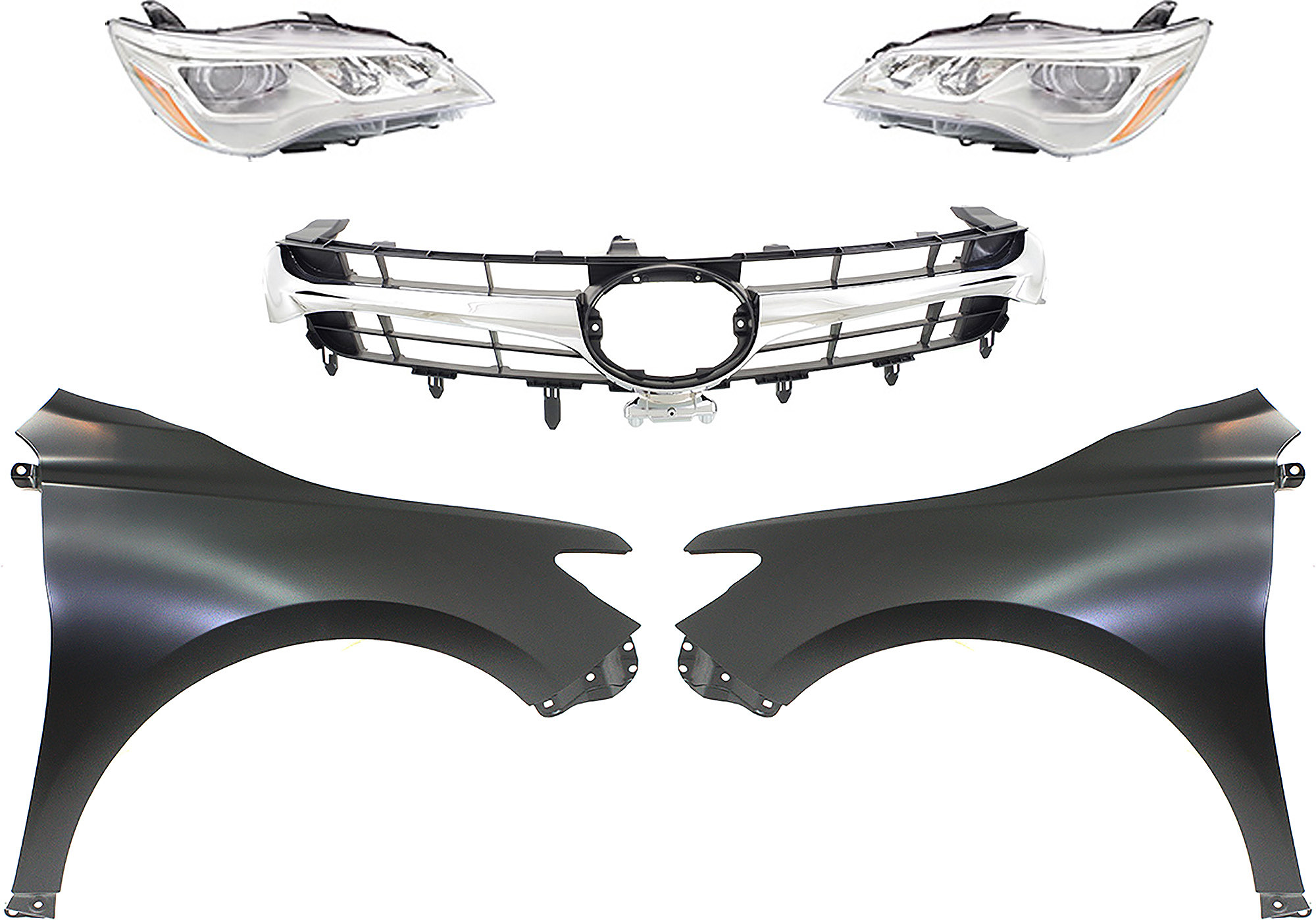 AM CAMRY 15-17 HEAD LAMP RH AND LH Assembly LED 5 pc Kit with Fenders and Grille Assembly SKU KIT 031323-70 Partslink TO2502223 TO2503223 TO1241250 TO1240250 TO1200377 TO1200387 OEM 8111006870-8115006870-53811062