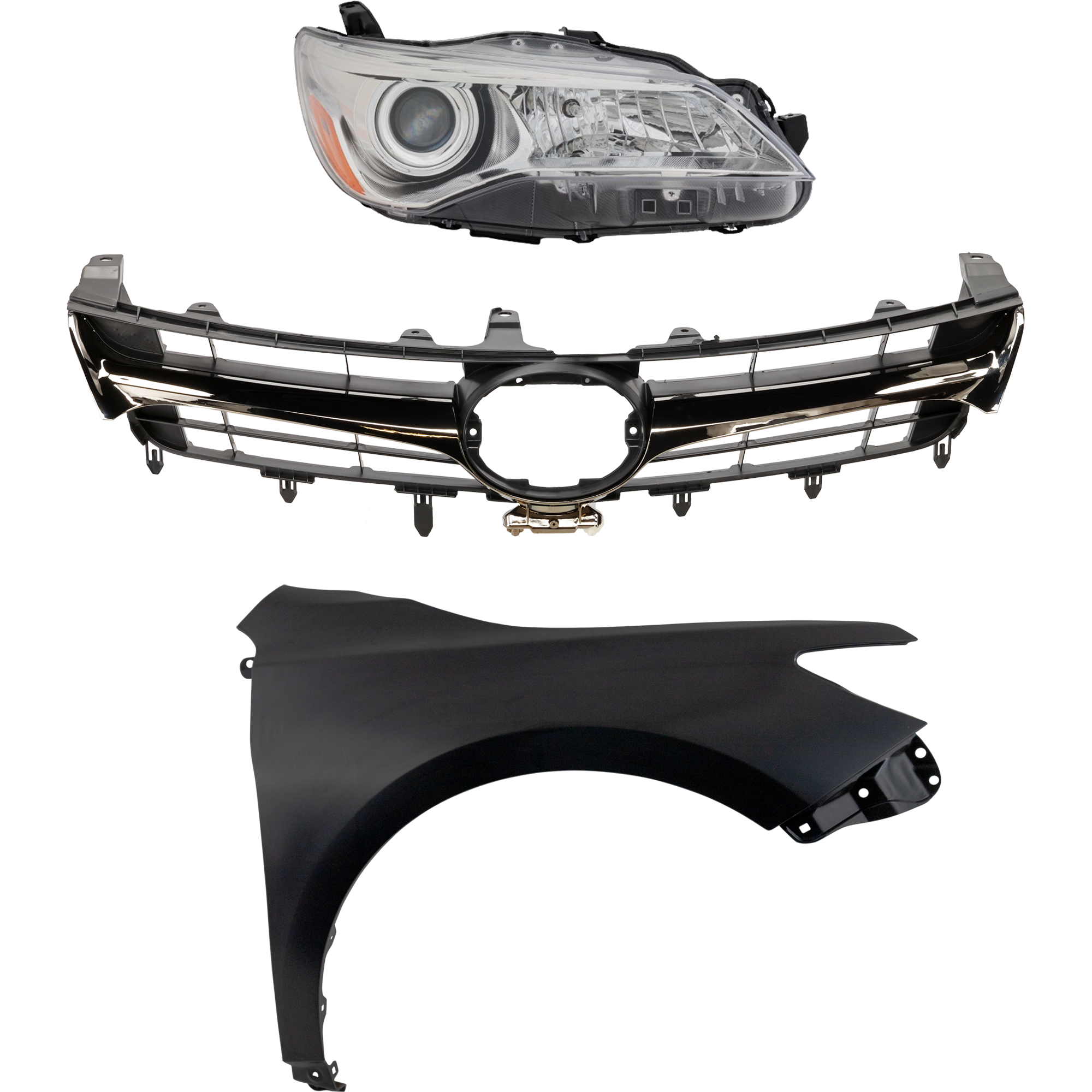 AM CAMRY 15-17 GRILLE Chrome Shell with Painted Black Insert 3 pc Kit with Fender and Headlight SKU KIT 031323-7101 Partslink TO1200464 TO1200463 TO1241250 TO2503222 OEM 5310106431-5310106631-53811062