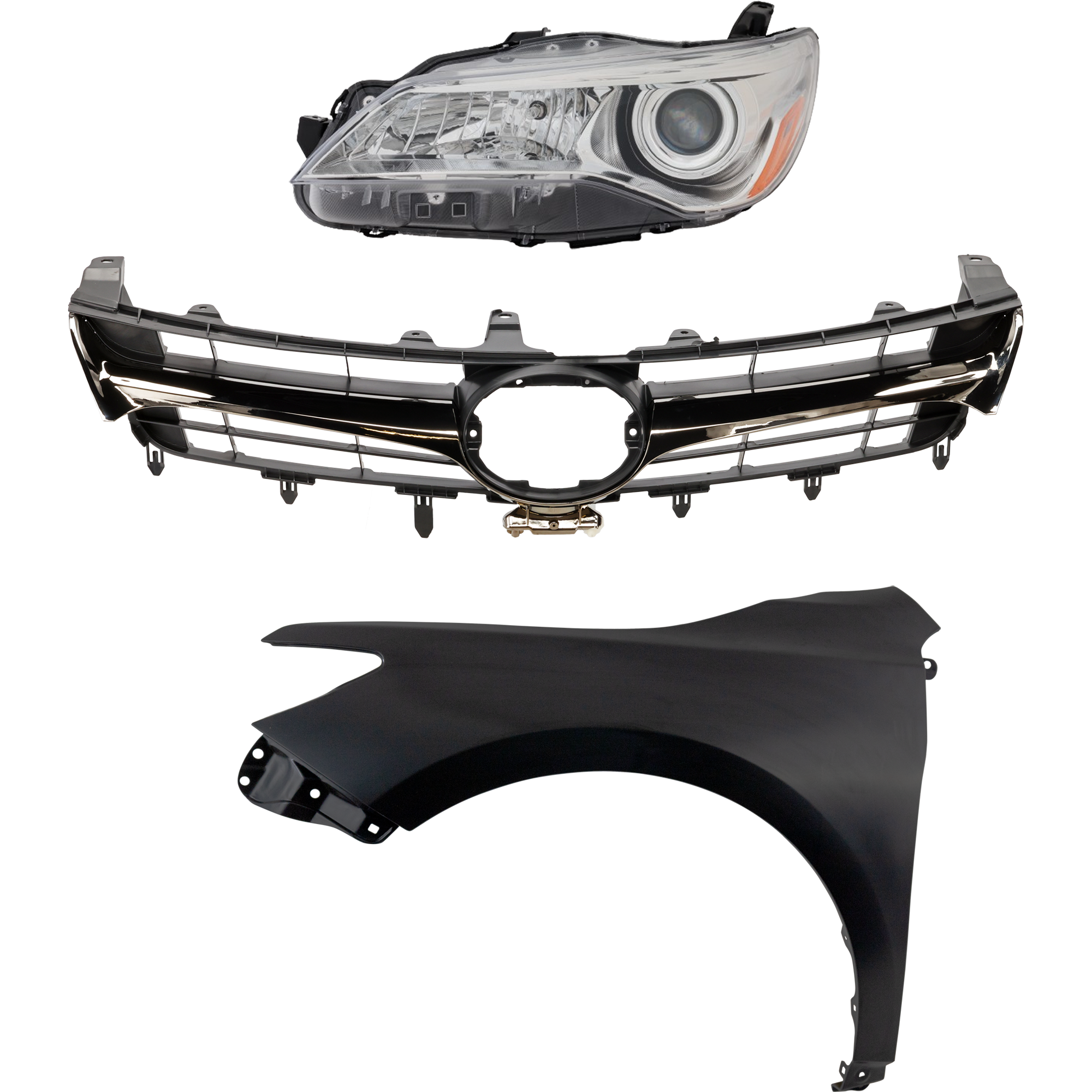 AM CAMRY 15-17 GRILLE Chrome Shell with Painted Black Insert 3 pc Kit with Fender and Headlight SKU KIT 031323-7102 Partslink TO1200464 TO1200463 TO1240250 TO2502222 OEM 5310106431-5310106631-53812062