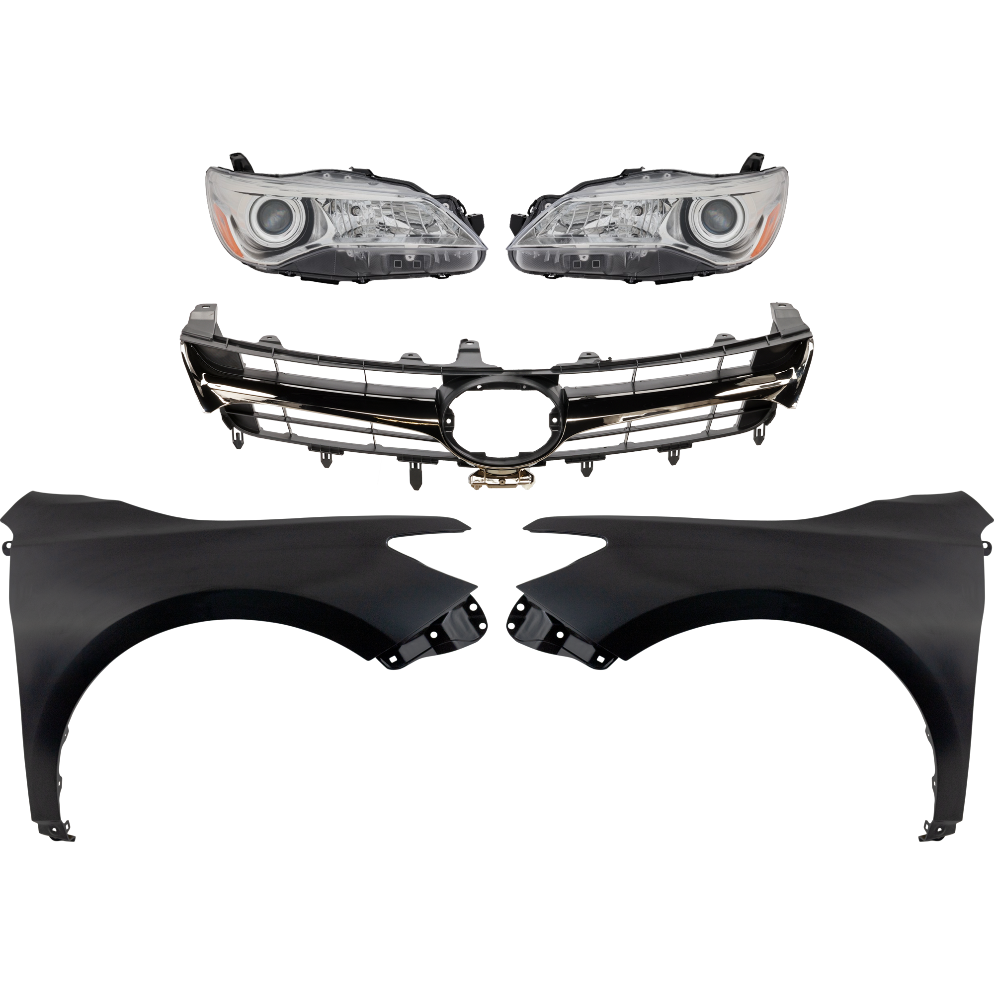 AM CAMRY 15-17 GRILLE Chrome Shell with Painted Black Insert 5 pc Kit with Fenders and Headlights SKU KIT 031323-71 Partslink TO1200464 TO1200463 TO1241250 TO1240250 TO2503222 TO2502222 OEM 5310106431-5310106631-53811062