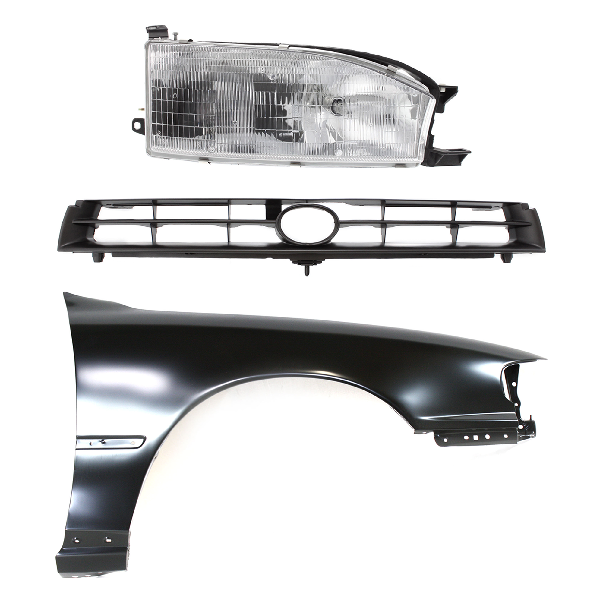 AM CAMRY 92-94 FRONT FENDER RH Primed 3 pc Kit with Grille and Headlight SKU KIT 031323-7201 Partslink TO1241104 TO1200124 TO2503105 OEM 5380106011-5311106010-81110060