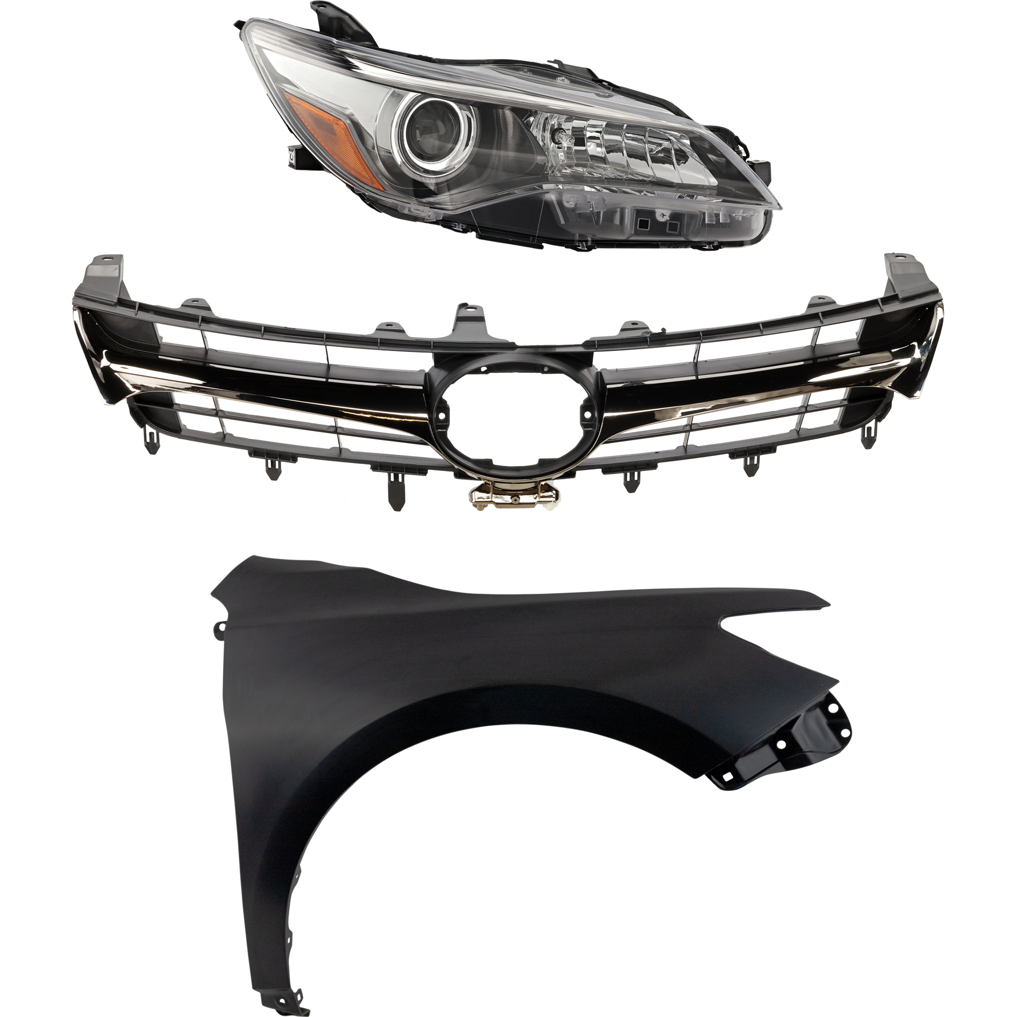 AM CAMRY 15-17 GRILLE Chrome Shell with Painted Black Insert 3 pc Kit with Fender and Headlight SKU KIT 031323-7301 Partslink TO1200464 TO1200463 TO1241250 TO2503224 OEM 5310106431-5310106631-53811062