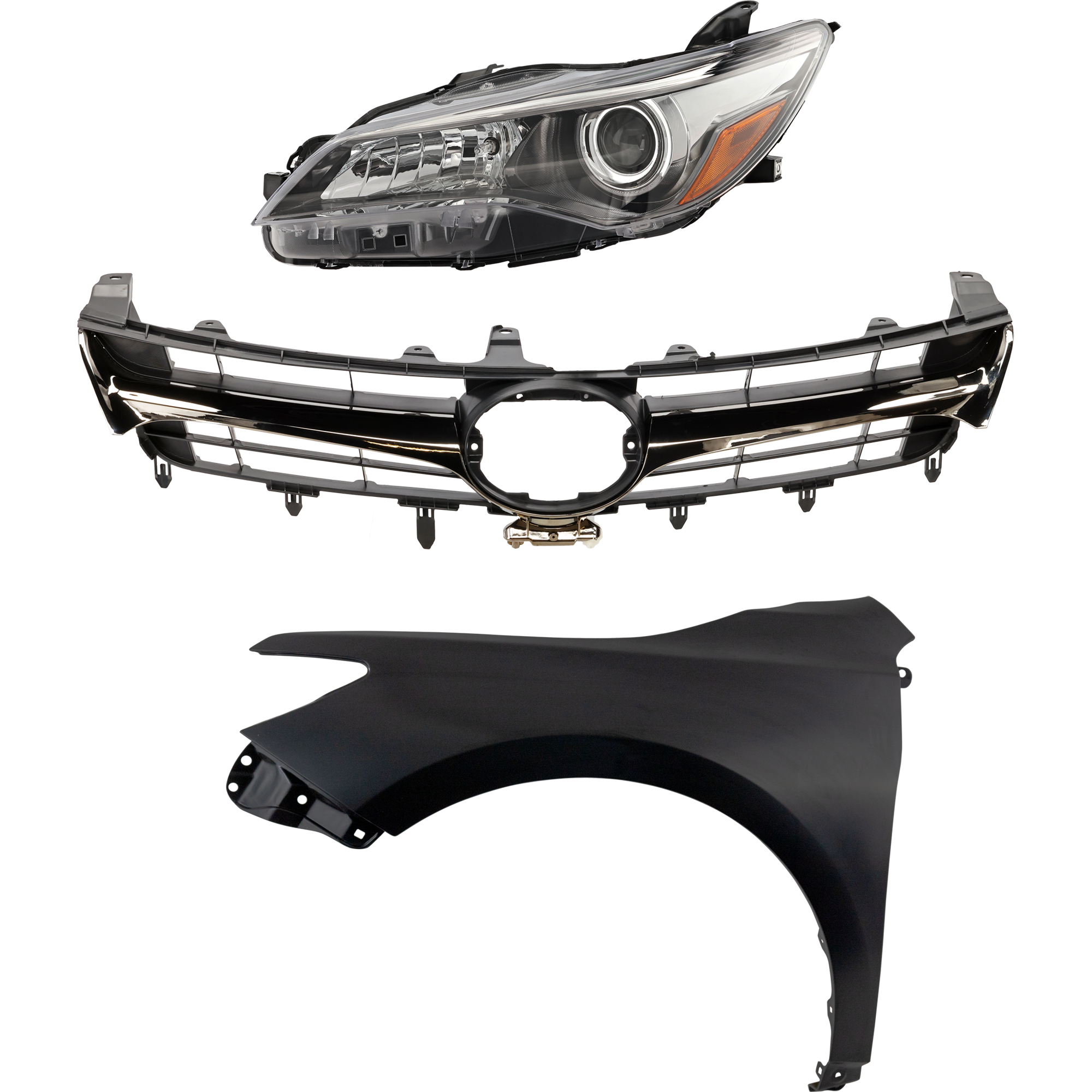 AM CAMRY 15-17 GRILLE Chrome Shell with Painted Black Insert 3 pc Kit with Fender and Headlight SKU KIT 031323-7302 Partslink TO1200464 TO1200463 TO1240250 TO2502224 OEM 5310106431-5310106631-53812062