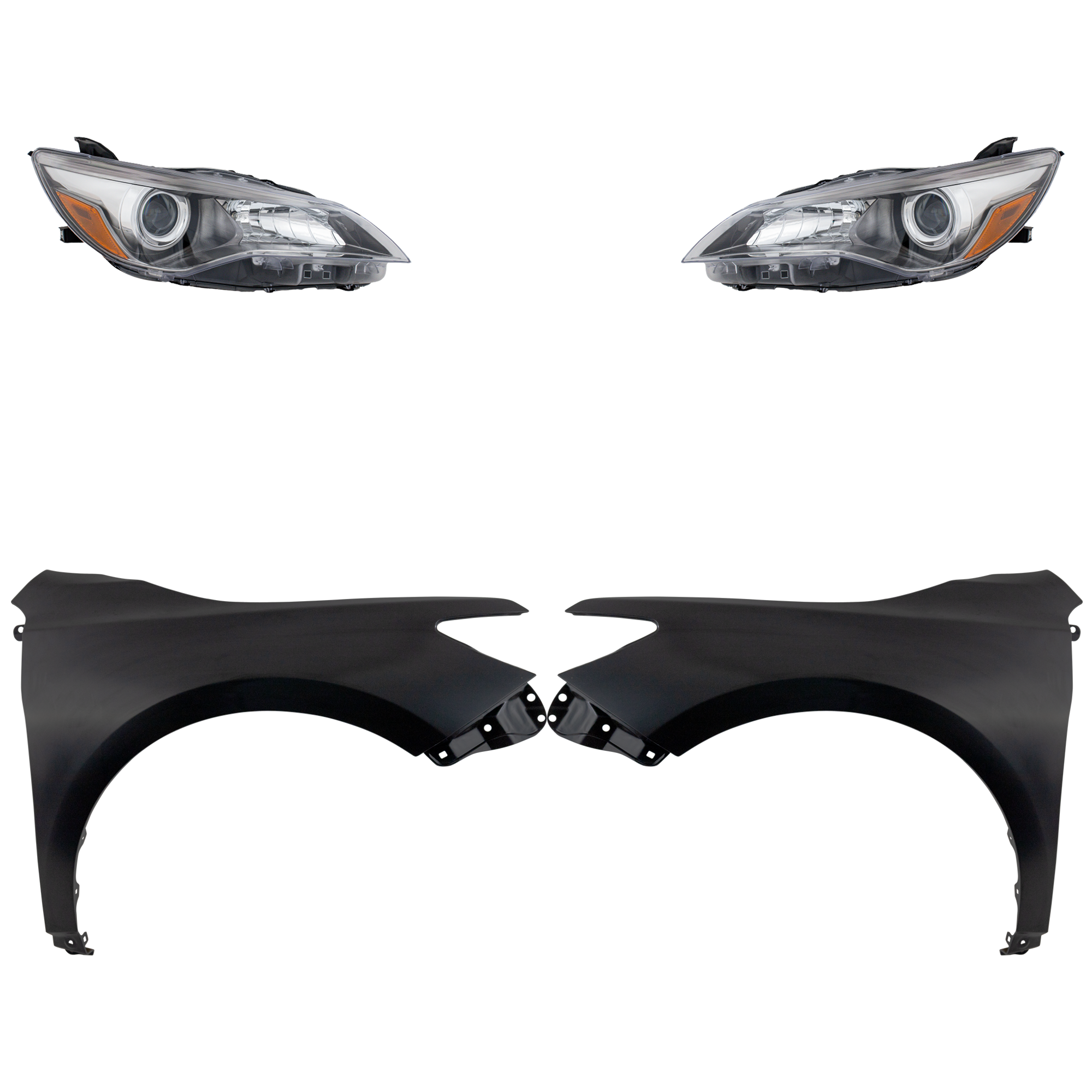 AM CAMRY 15-17 HEAD LAMP RH AND LH Assembly Halogen 4 pc Kit with Fenders SKU KIT 031323-7303 Partslink TO2503224 TO2502224 TO1240250 TO1241250 OEM 8111006C70-8115006C70-53812062