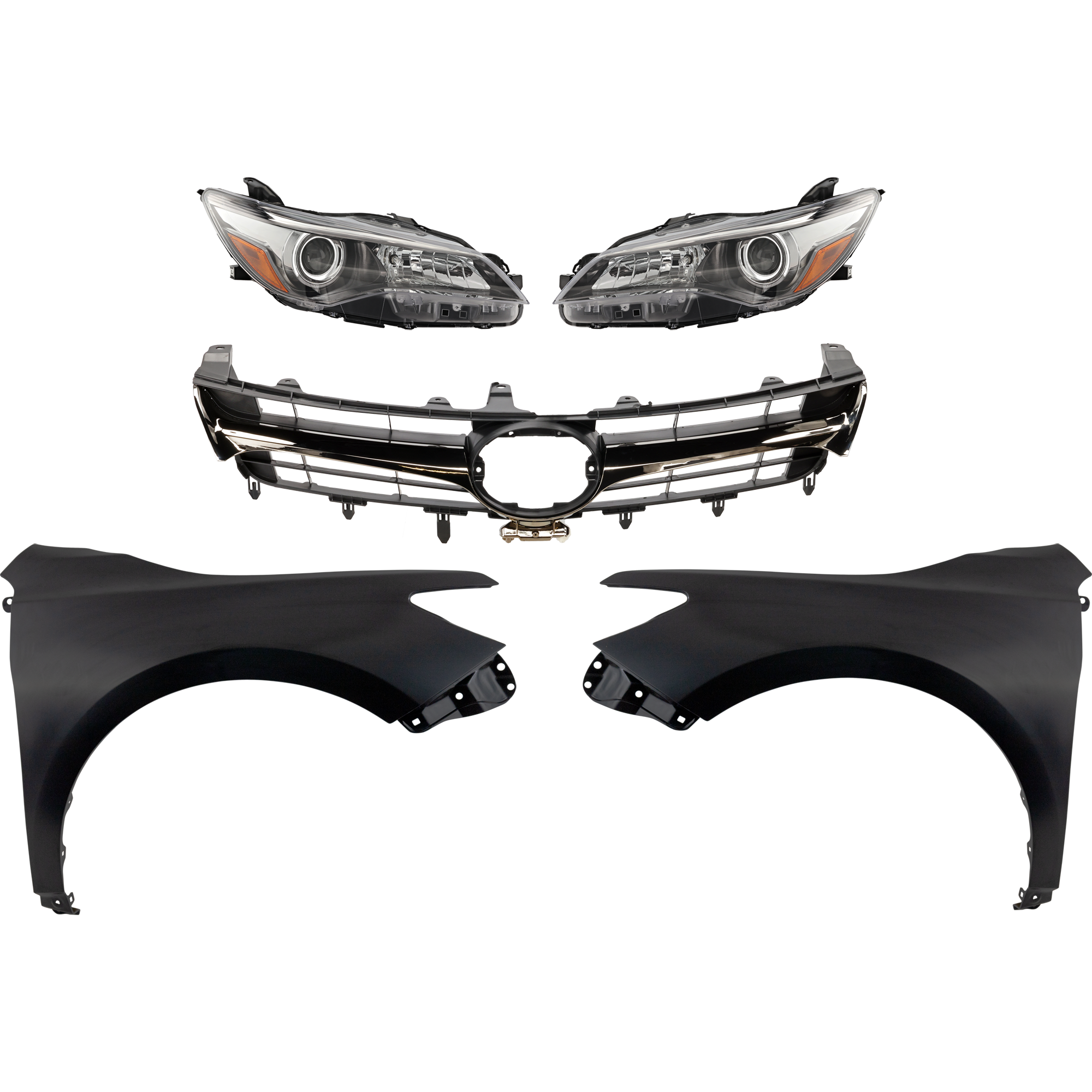 AM CAMRY 15-17 GRILLE Chrome Shell with Painted Black Insert 5 pc Kit with Fenders and Headlights SKU KIT 031323-73 Partslink TO1200464 TO1200463 TO1241250 TO1240250 TO2502224 TO2503224 OEM 5310106431-5310106631-53811062