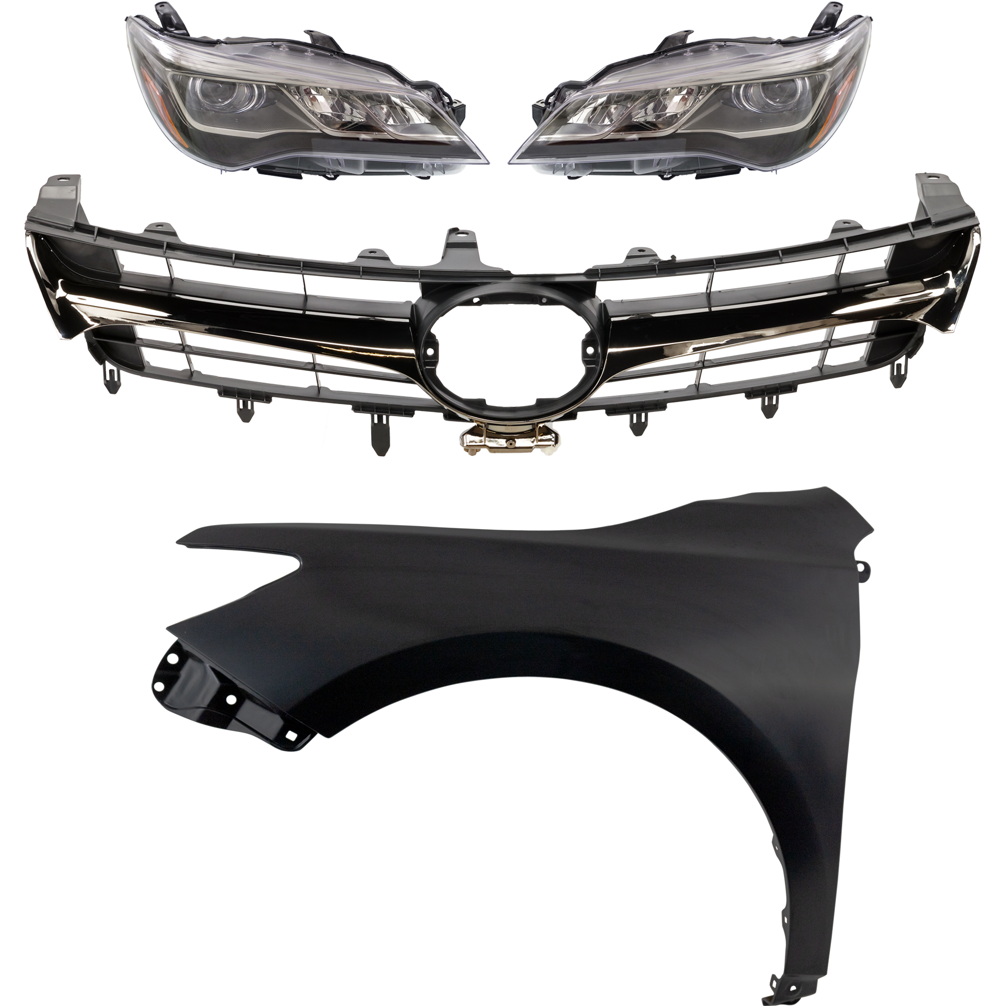 AM CAMRY 15-17 HEAD LAMP RH AND LH Assembly LED 5 pc Kit with Fenders and Grille Assembly SKU KIT 031323-74 Partslink TO2503229 TO2502229 TO1241250 TO1240250 TO1200464 TO1200463 OEM 8111006C80-8115006C80-53811062