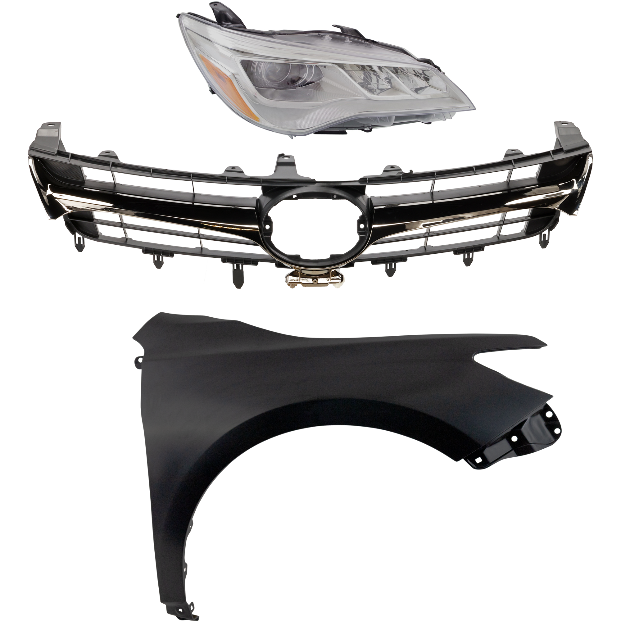 AM CAMRY 15-17 HEAD LAMP RH Assembly LED 3 pc Kit with Fender and Grille Assembly SKU KIT 031323-7501 Partslink TO2503223 TO1241250 TO1200464 TO1200463 OEM 8111006870-5381106200-53101064