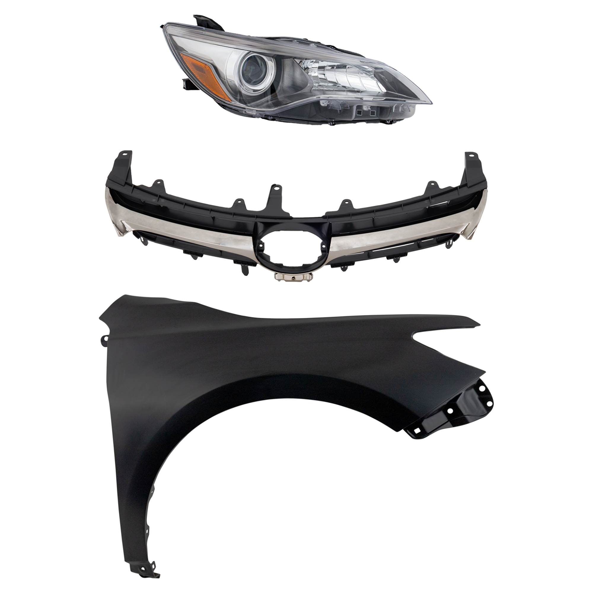 AM CAMRY 15-17 HEAD LAMP RH Assembly Halogen 3 pc Kit with Fender and Grille Assembly SKU KIT 031323-7601 Partslink TO2503224 TO1241250 TO1200405 OEM 8111006C70-5381106200-53101064