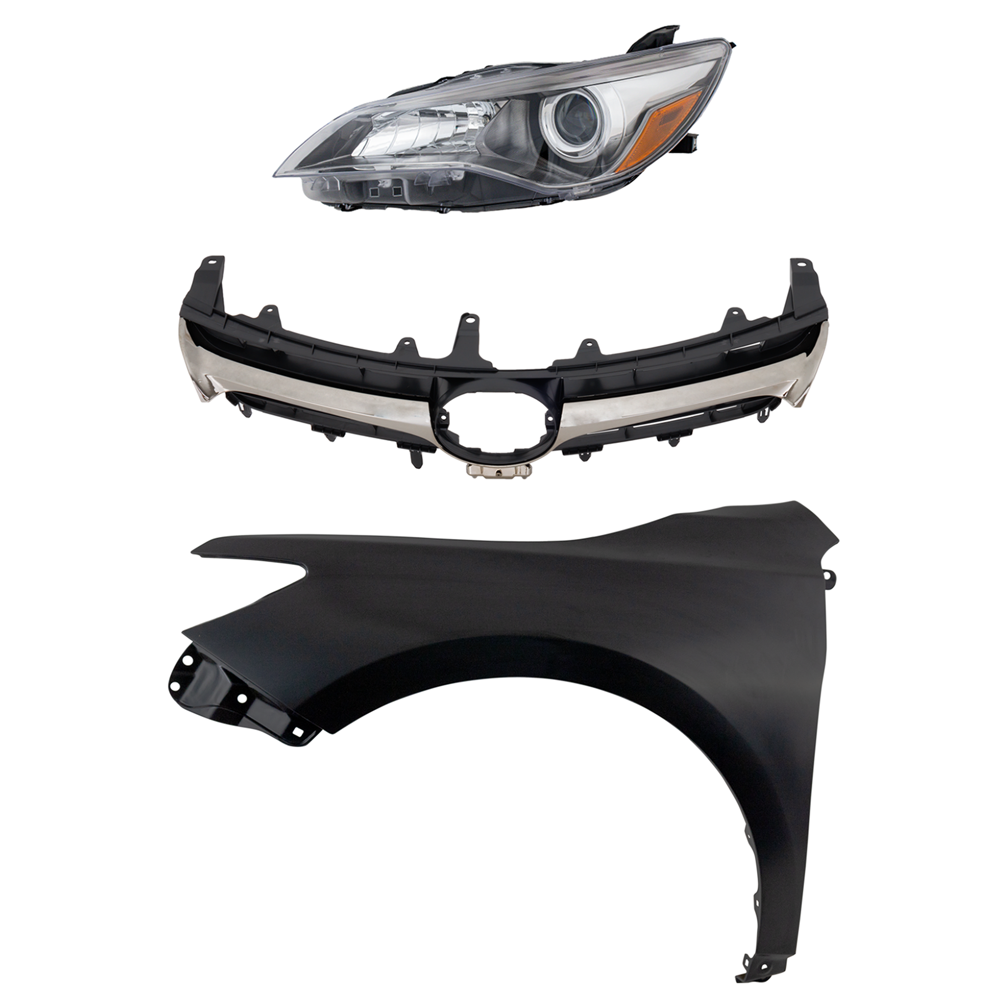 AM CAMRY 15-17 HEAD LAMP LH Assembly Halogen 3 pc Kit with Fender and Grille Assembly SKU KIT 031323-7602 Partslink TO2502224 TO1240250 TO1200405 OEM 8115006C70-5381206210-53101064