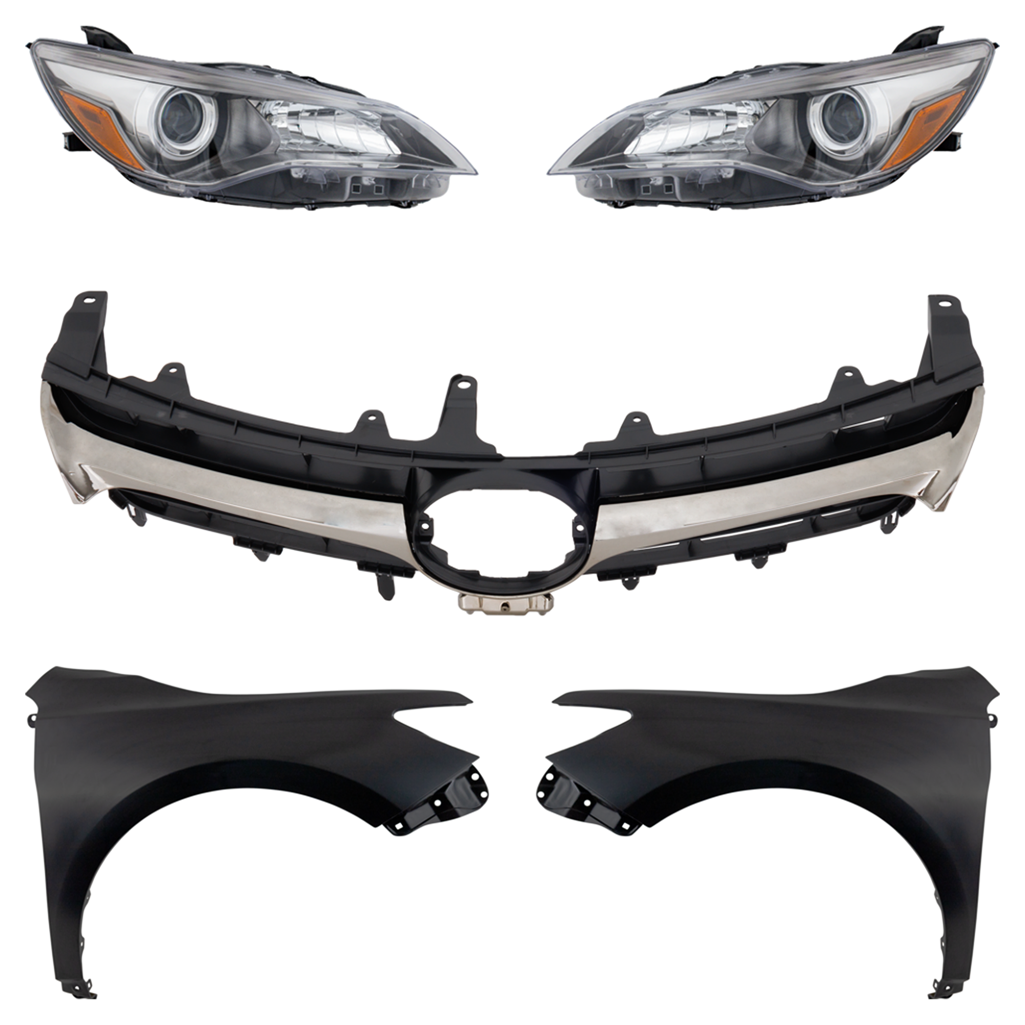 AM CAMRY 15-17 HEAD LAMP RH AND LH Assembly Halogen 5 pc Kit with Fenders and Grille Assembly SKU KIT 031323-76 Partslink TO2502224 TO2503224 TO1241250 TO1240250 TO1200405 OEM 8111006C70-8115006C70-53811062