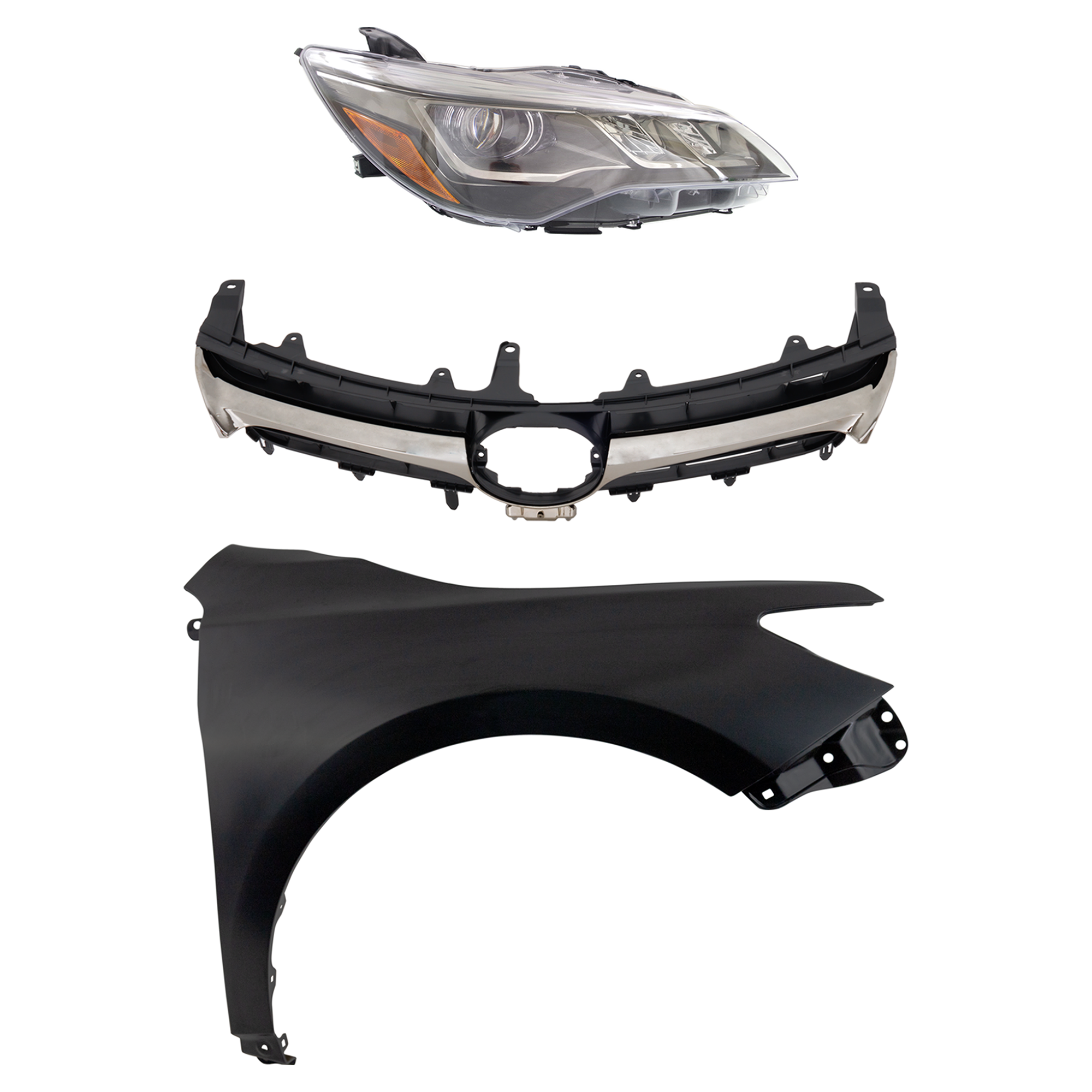 AM CAMRY 15-17 HEAD LAMP RH Assembly LED 3 pc Kit with Fender and Grille Assembly SKU KIT 031323-7701 Partslink TO2503229 TO1241250 TO1200405 OEM 8111006C80-5381106200-53101064