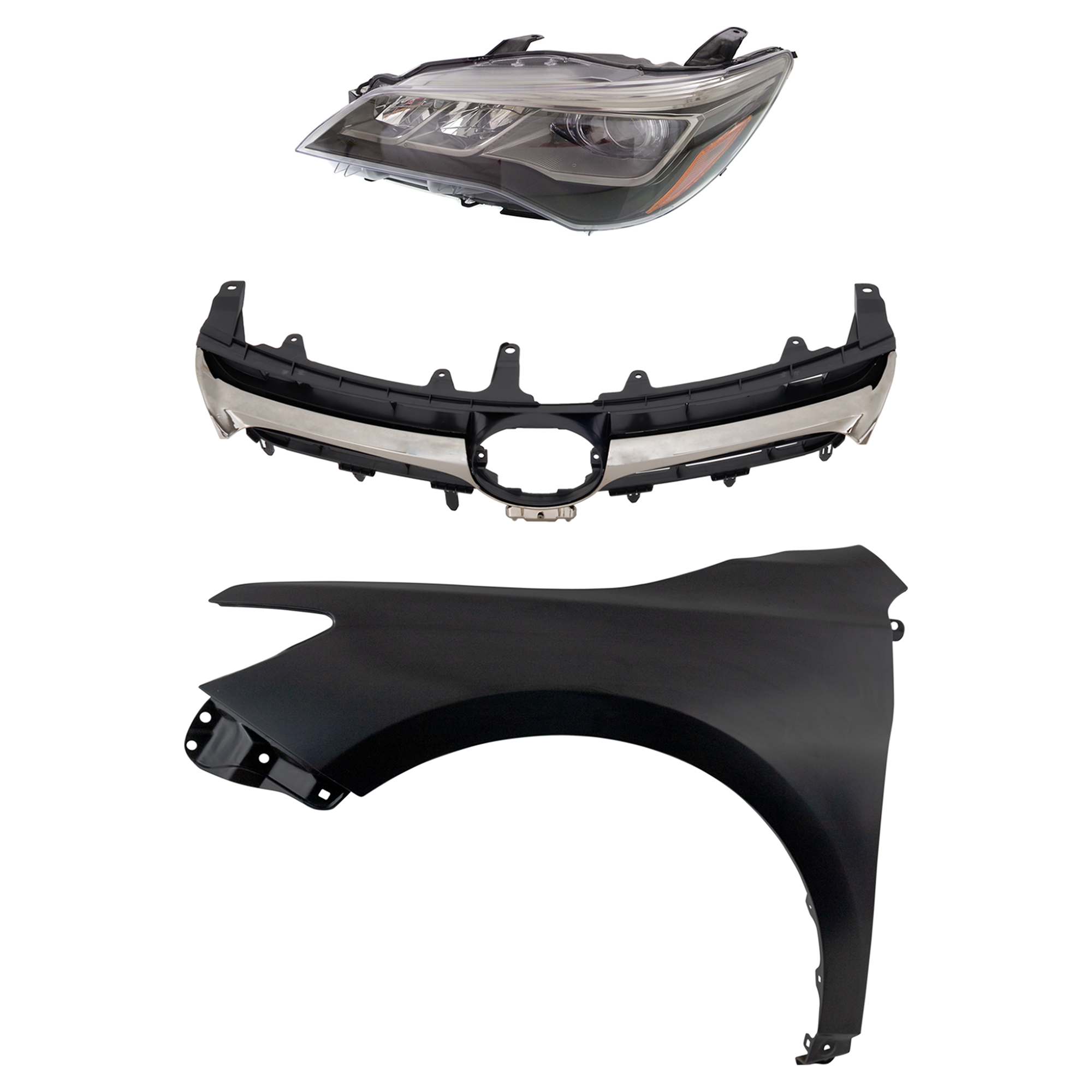AM CAMRY 15-17 HEAD LAMP LH Assembly LED 3 pc Kit with Fender and Grille Assembly SKU KIT 031323-7702 Partslink TO2502229 TO1240250 TO1200405 OEM 8115006C80-5381206210-53101064