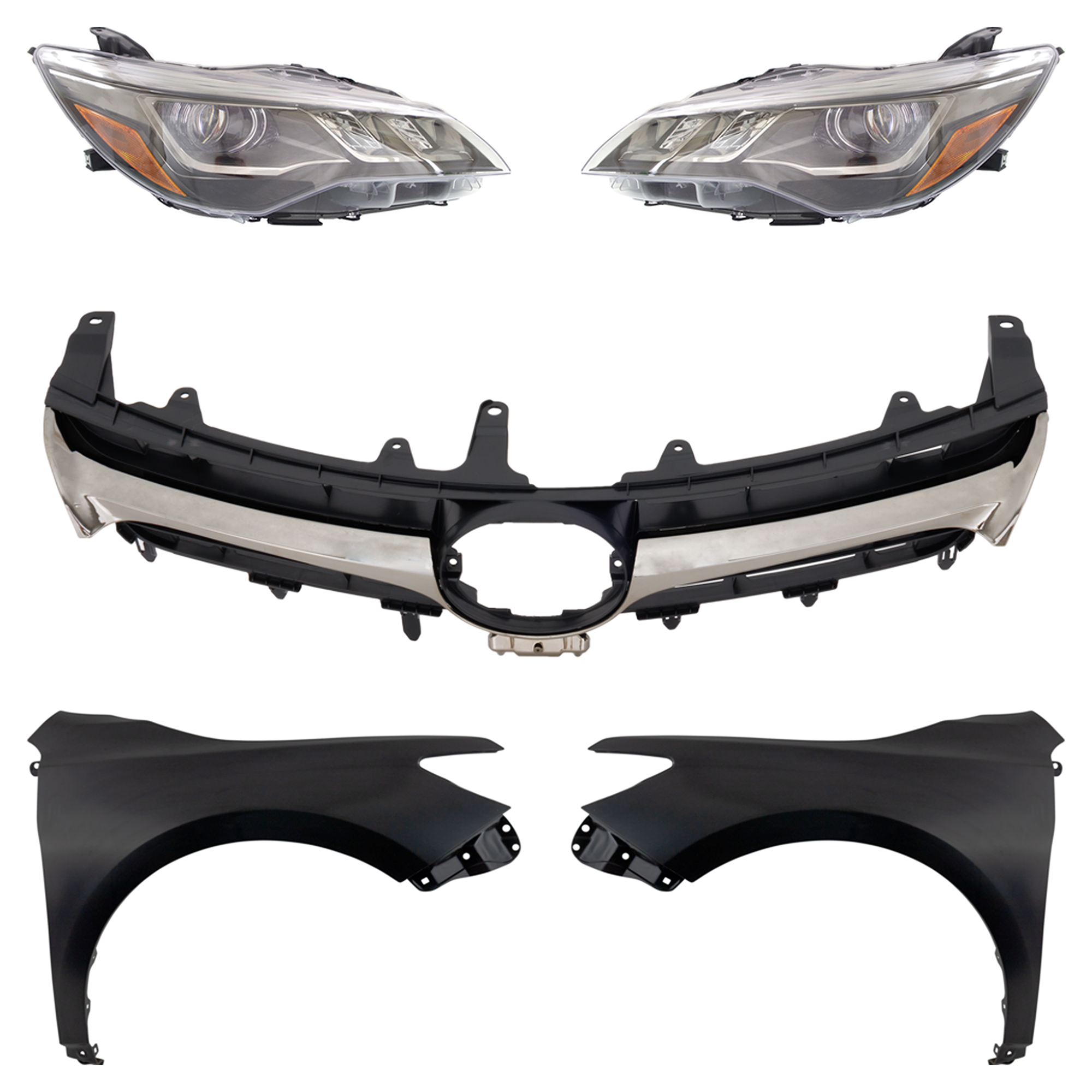 AM CAMRY 15-17 HEAD LAMP RH AND LH Assembly LED 5 pc Kit with Fenders and Grille Assembly SKU KIT 031323-77 Partslink TO2502229 TO2503229 TO1241250 TO1240250 TO1200405 OEM 8111006C80-8115006C80-53811062