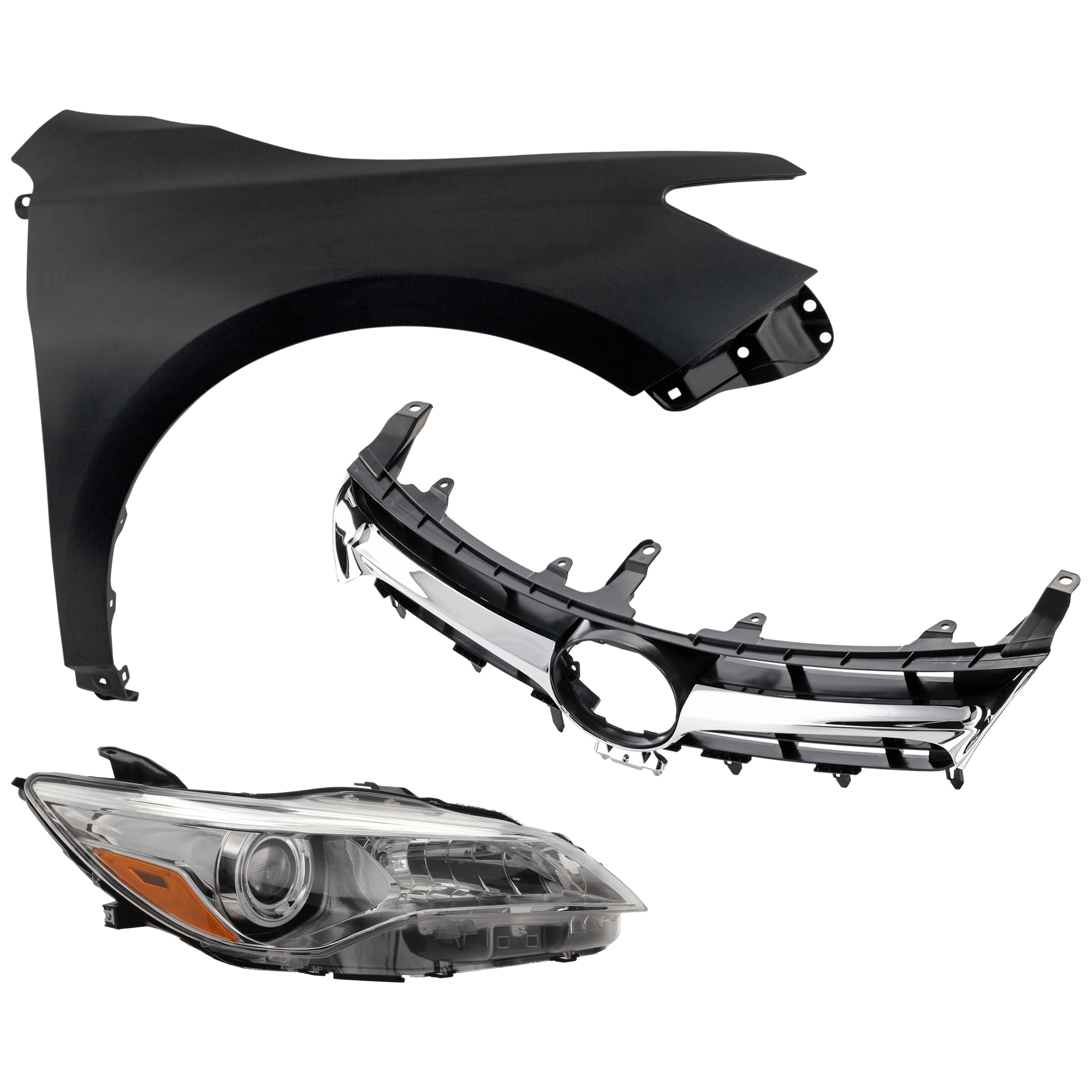 AM CAMRY 15-17 HEAD LAMP RH Assembly Halogen 3 pc Kit with Fender and Grille Assembly CAPA SKU KIT 031323-7801 Partslink TO1200377C TO1200387C TO1241250C TO2503222C OEM 5310106411-5310106441-53811062