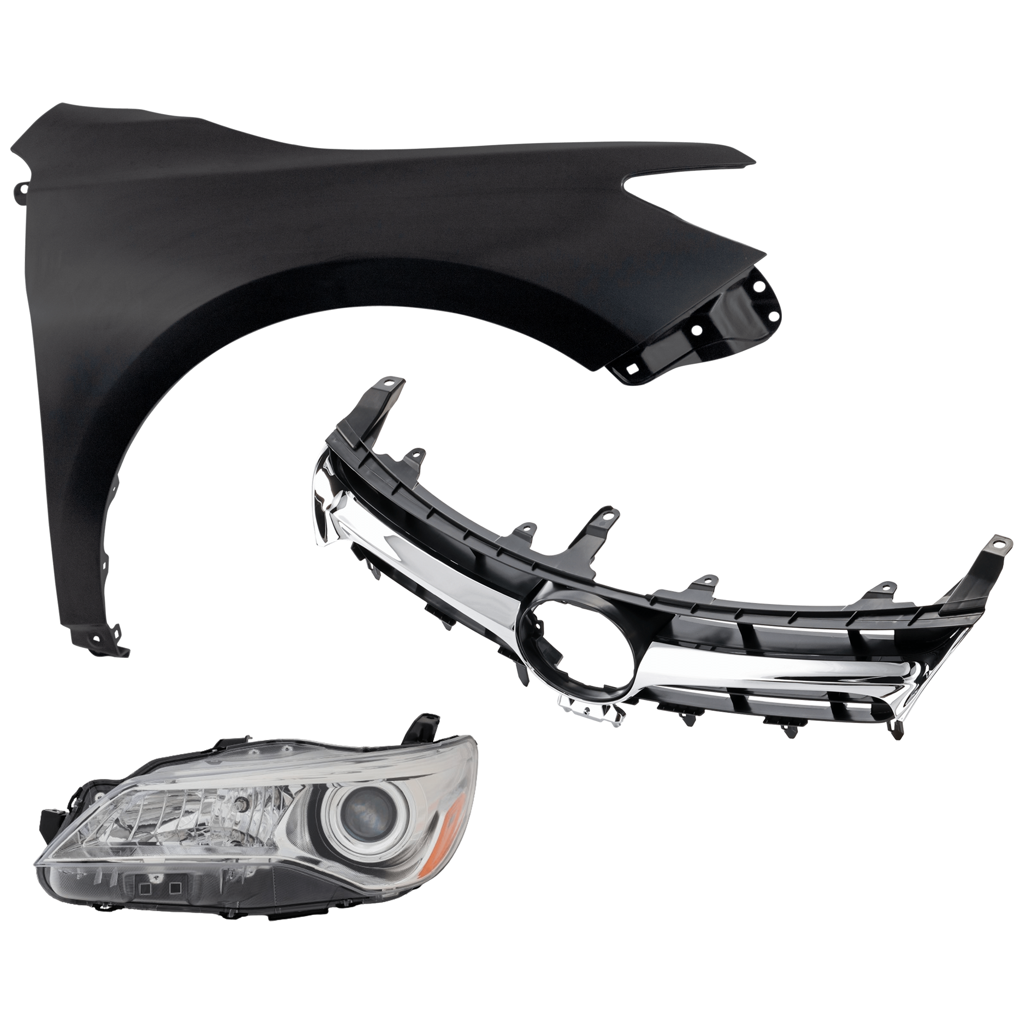 AM CAMRY 15-17 HEAD LAMP LH Assembly Halogen 3 pc Kit with Fender and Grille Assembly CAPA SKU KIT 031323-7802 Partslink TO1200377C TO1200387C TO1240250C TO2502222C OEM 5310106411-5310106441-53812062