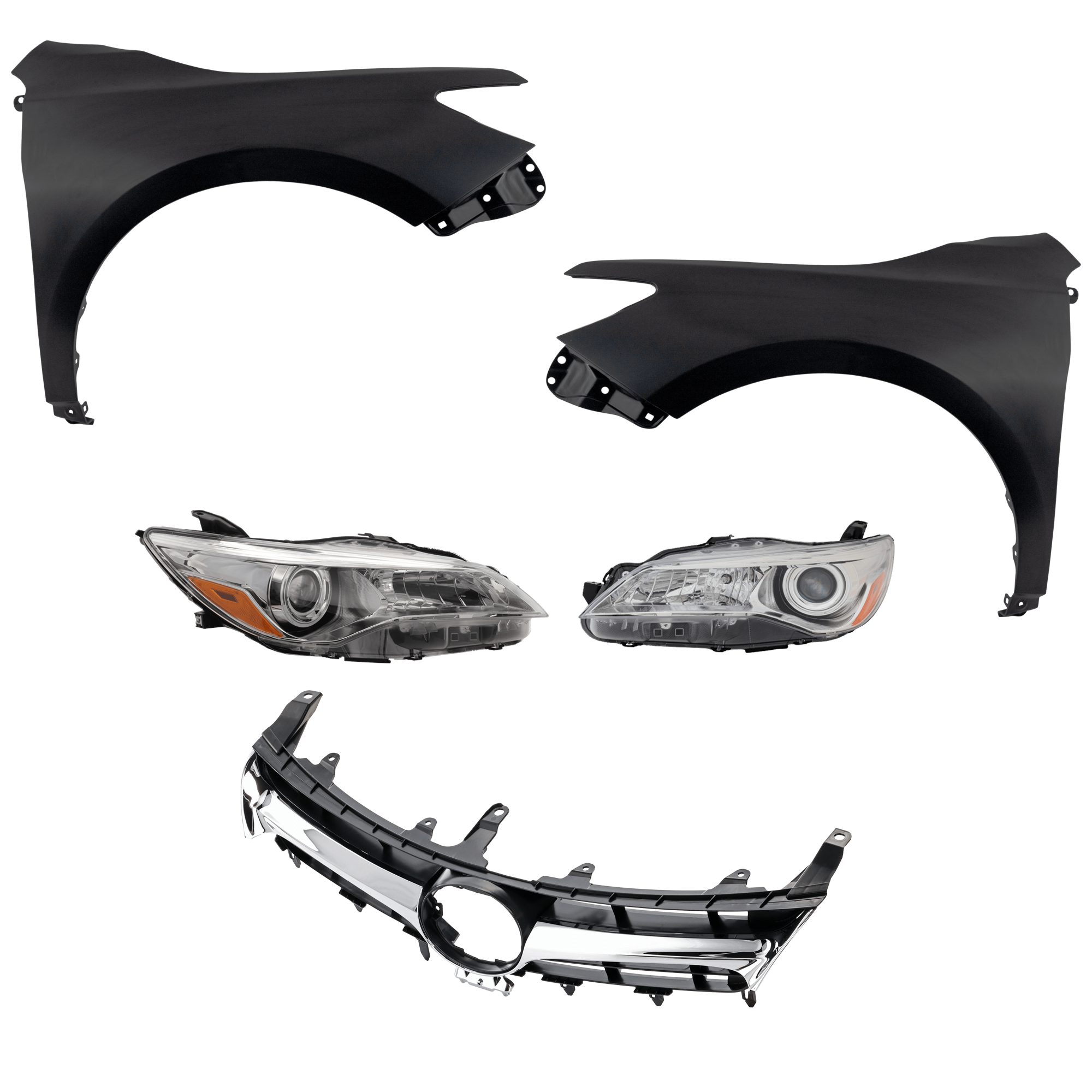 AM CAMRY 15-17 HEAD LAMP RH AND LH Assembly Halogen 5 pc Kit with Fenders and Grille Assembly CAPA SKU KIT 031323-78 Partslink TO1200377C TO1200387C TO1240250C TO1241250C TO2502222C TO2503222C OEM 5310106411-5310106441-53811062