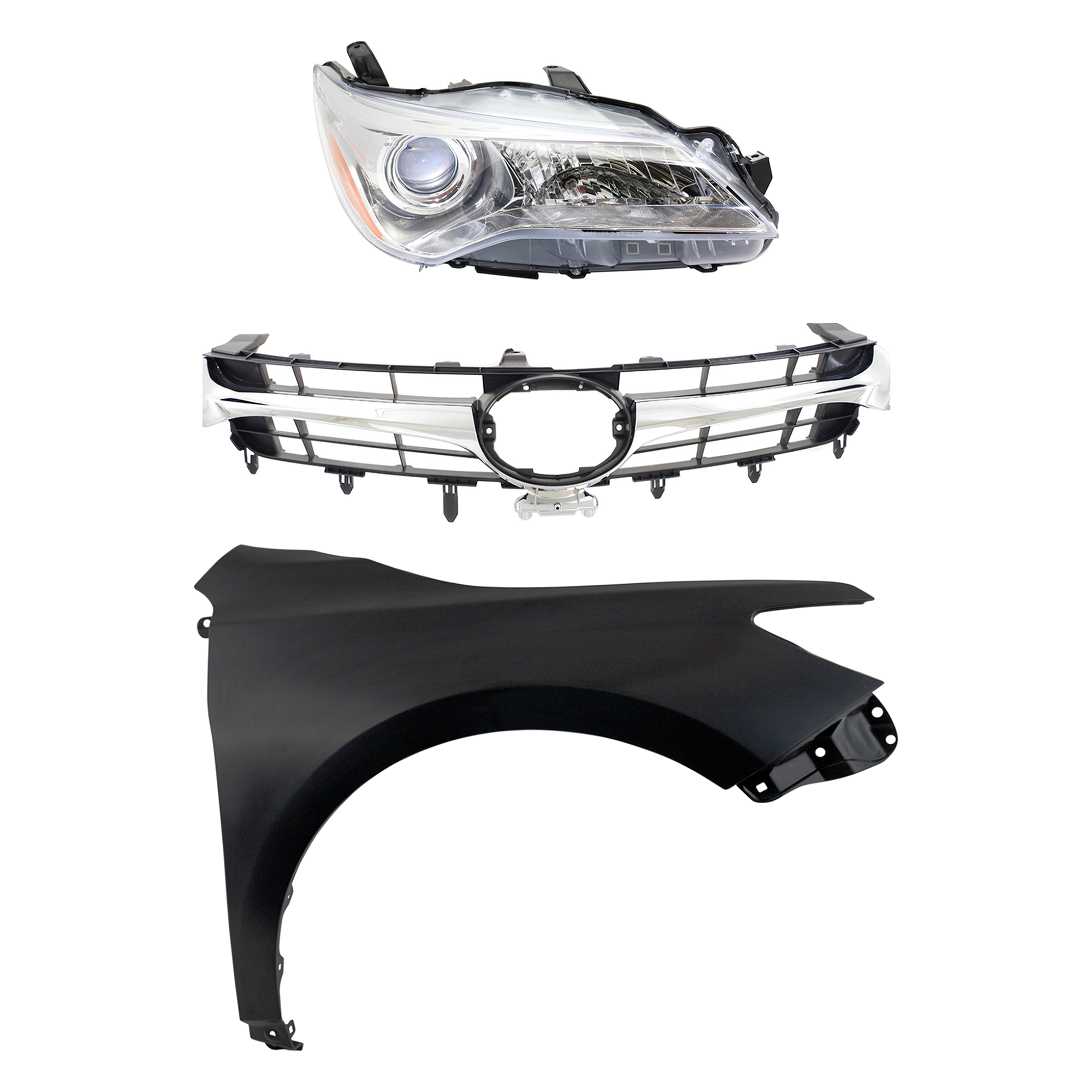 AM CAMRY 15-17 HEAD LAMP RH Assembly Halogen 3 pc Kit with Fender and Grille Assembly CAPA SKU KIT 031323-8101 Partslink TO1200377 TO1200387 TO1241250C TO2503222C OEM 5310106411-5310106441-53811062
