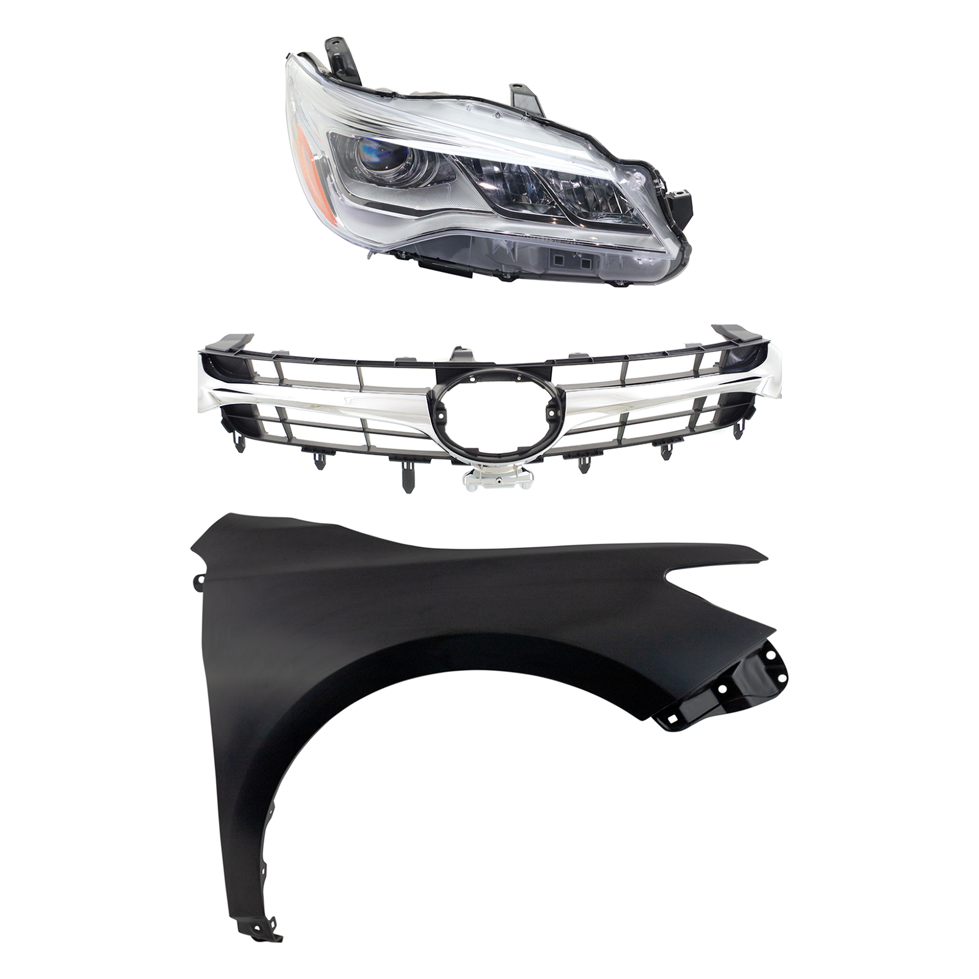 AM CAMRY 15-17 HEAD LAMP RH Assembly LED 3 pc Kit with Fender and Grille Assembly CAPA SKU KIT 031323-8201 Partslink TO1200377 TO1200387 TO1241250C TO2503223C OEM 5310106411-5310106441-53811062