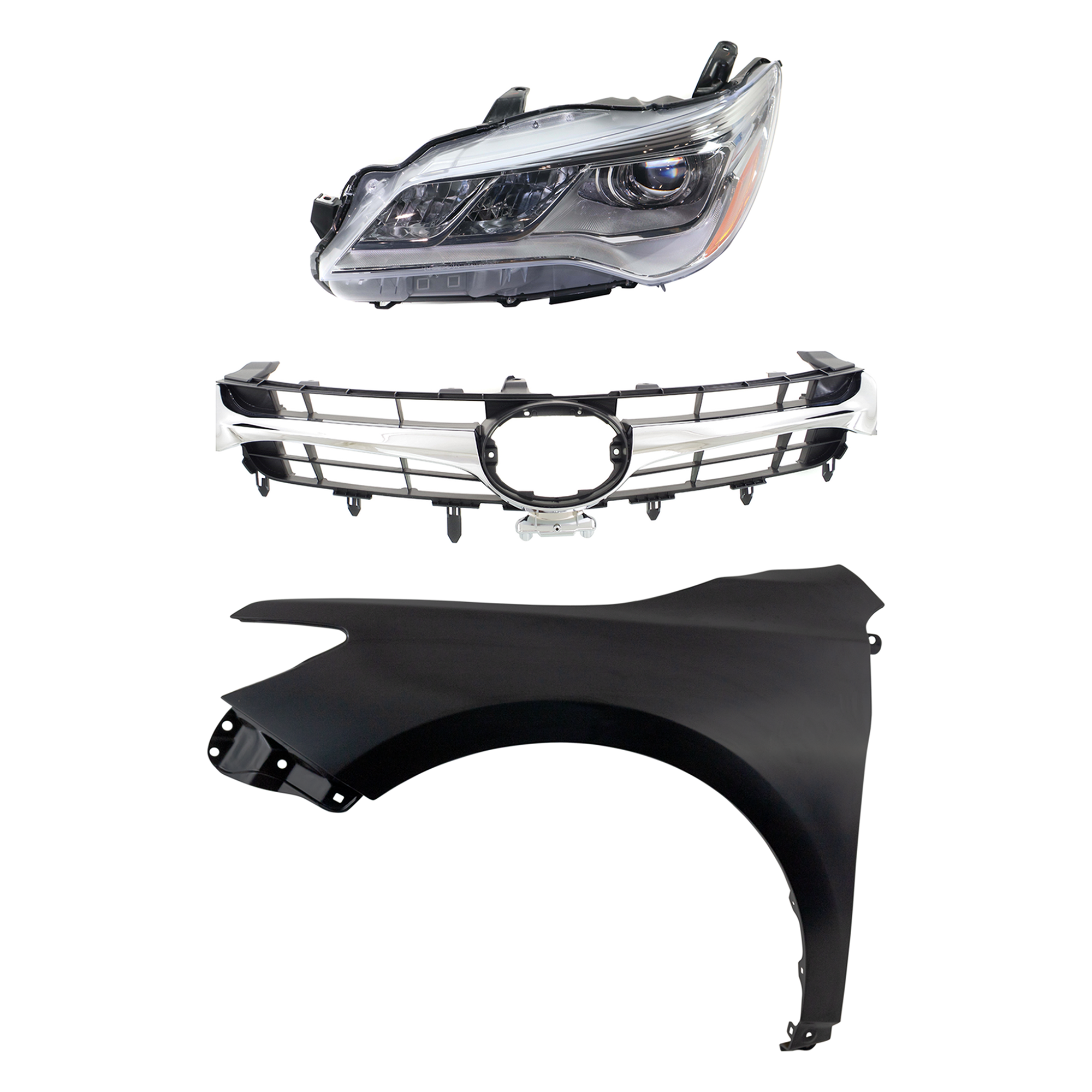 AM CAMRY 15-17 HEAD LAMP LH Assembly LED 3 pc Kit with Fender and Grille Assembly CAPA SKU KIT 031323-8202 Partslink TO1200377 TO1200387 TO1240250C TO2502223C OEM 5310106411-5310106441-53812062