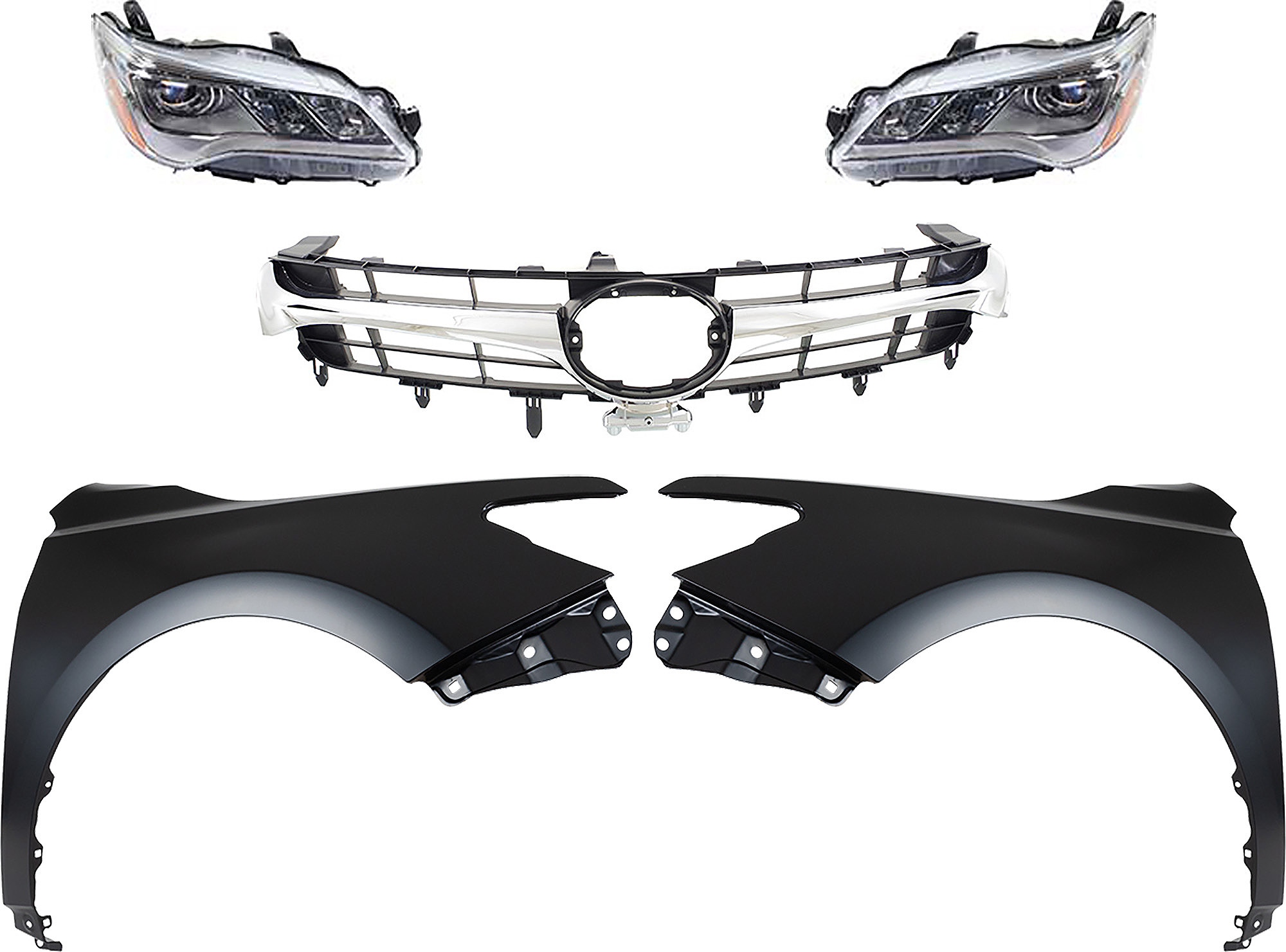 AM CAMRY 15-17 HEAD LAMP RH AND LH Assembly LED 5 pc Kit with Fenders and Grille Assembly CAPA SKU KIT 031323-82 Partslink TO1200377 TO1200387 TO1240250C TO1241250C TO2502223C TO2503223C OEM 5310106411-5310106441-53811062