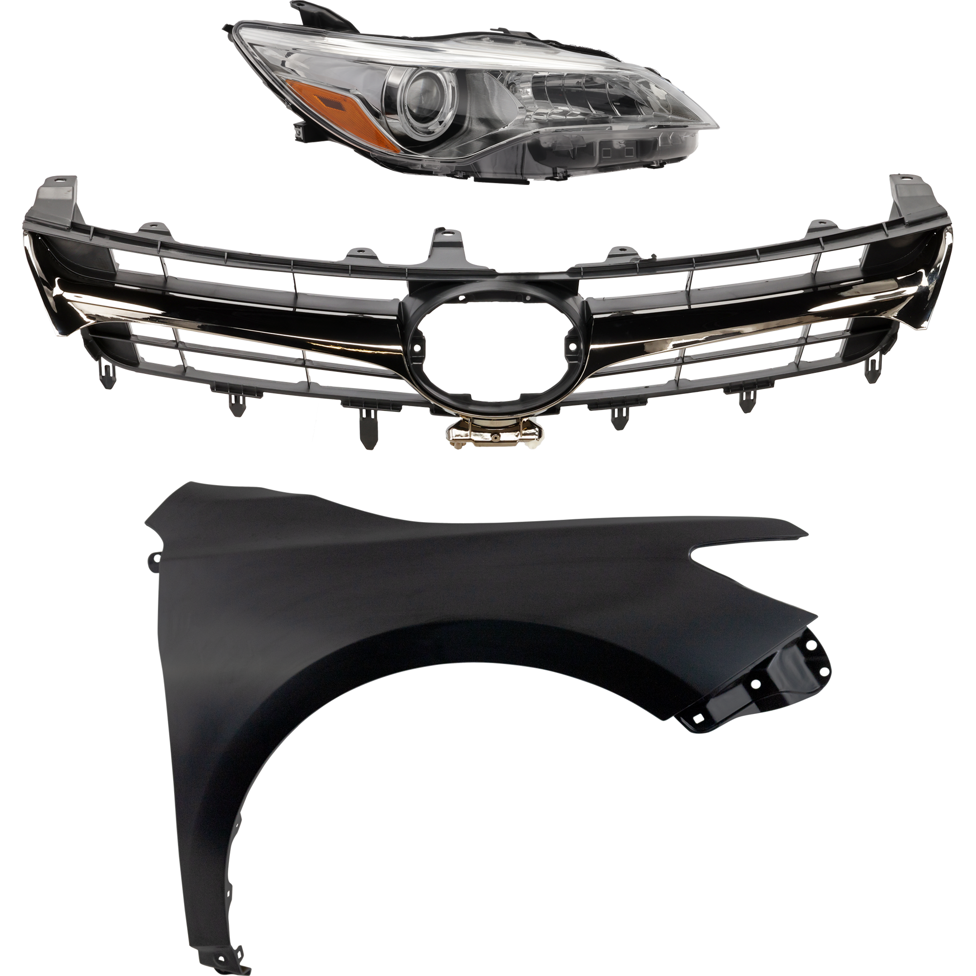 AM CAMRY 15-17 GRILLE Chrome Shell with Painted Black Insert 3 pc Kit with Fender and Headlight SKU KIT 031323-8401 Partslink TO1200464 TO1200463 TO1241250C TO2503222C OEM 5310106431-5310106631-53811062