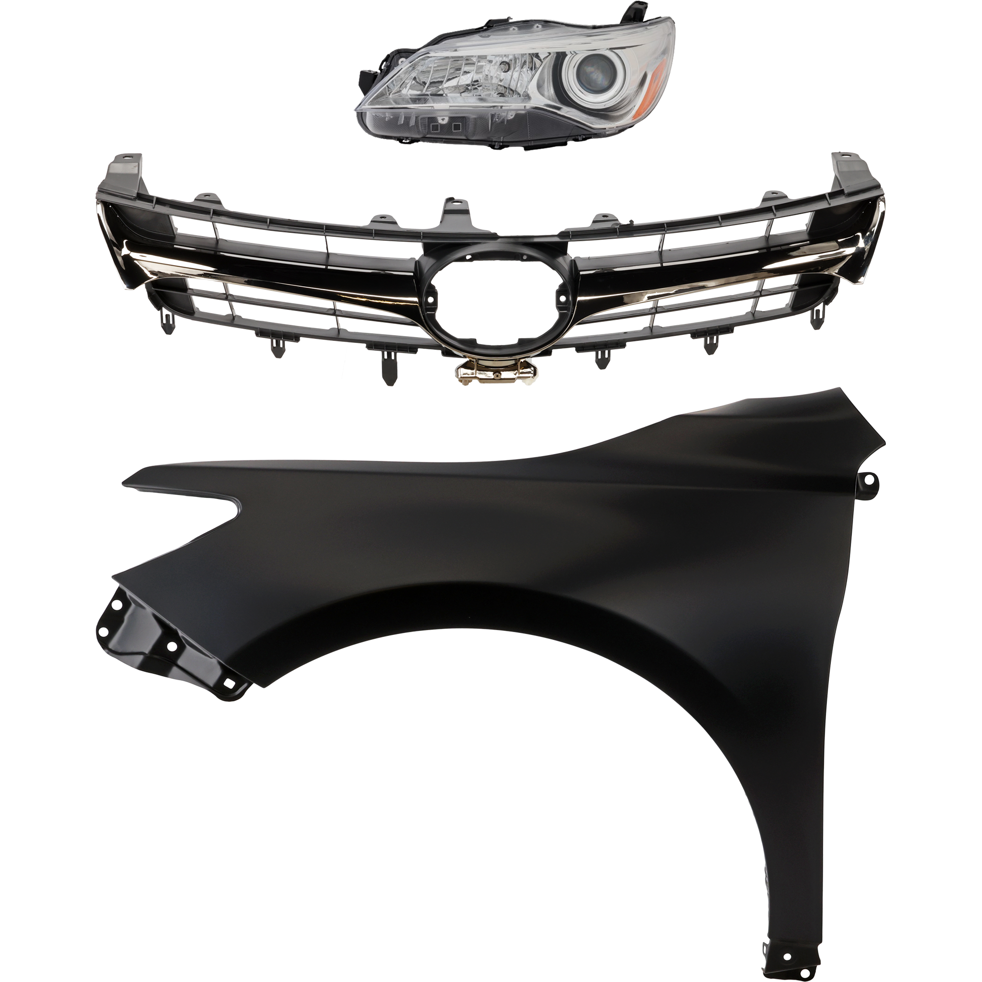 AM CAMRY 15-17 GRILLE Chrome Shell with Painted Black Insert 3 pc Kit with Fender and Headlight SKU KIT 031323-8402 Partslink TO1200464 TO1200463 TO1240250C TO2502222C OEM 5310106431-5310106631-53812062