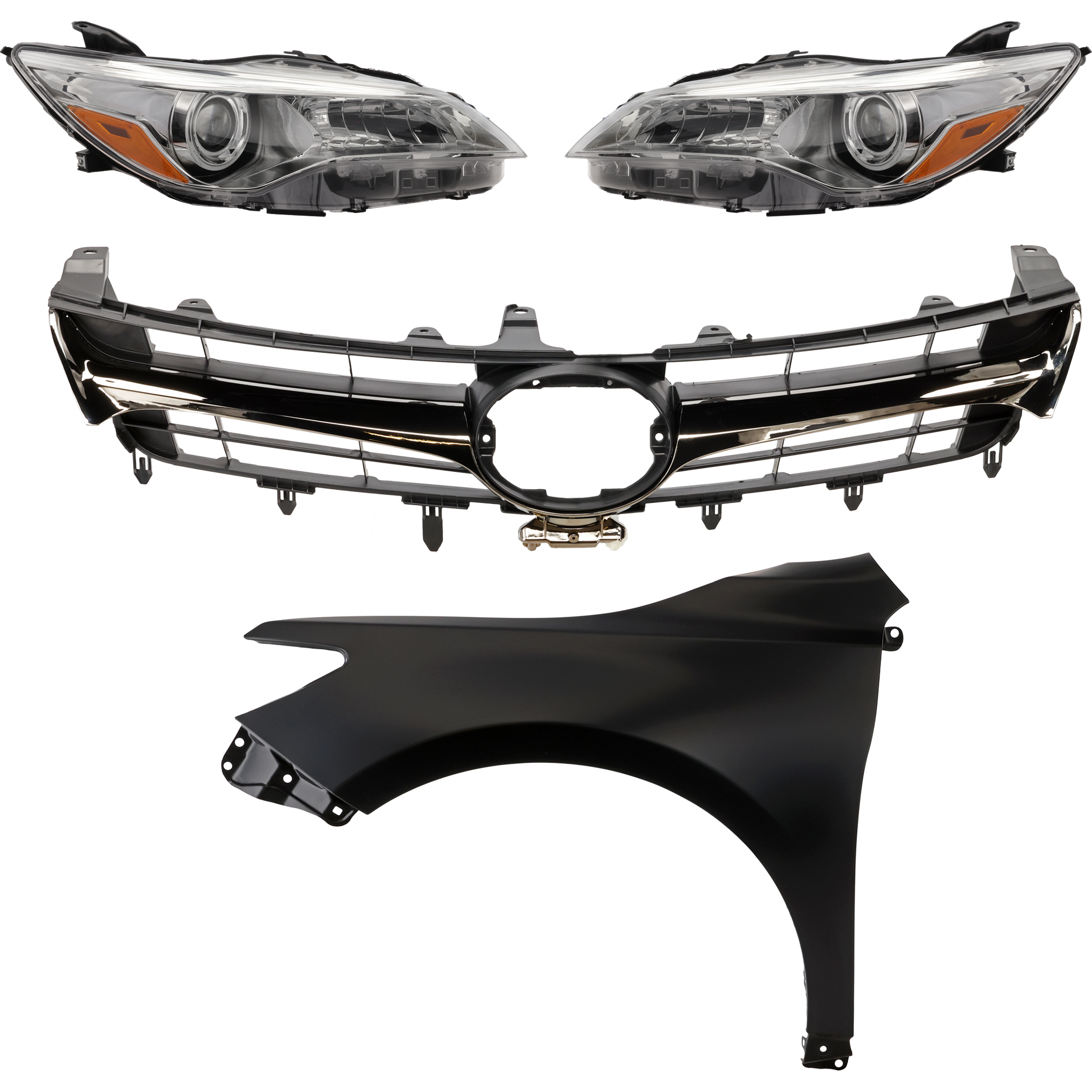 AM CAMRY 15-17 GRILLE Chrome Shell with Painted Black Insert 5 pc Kit with Fenders and Headlights SKU KIT 031323-84 Partslink TO1200464 TO1200463 TO1240250C TO1241250C TO2502222C TO2503222C OEM 5310106431-5310106631-53811062