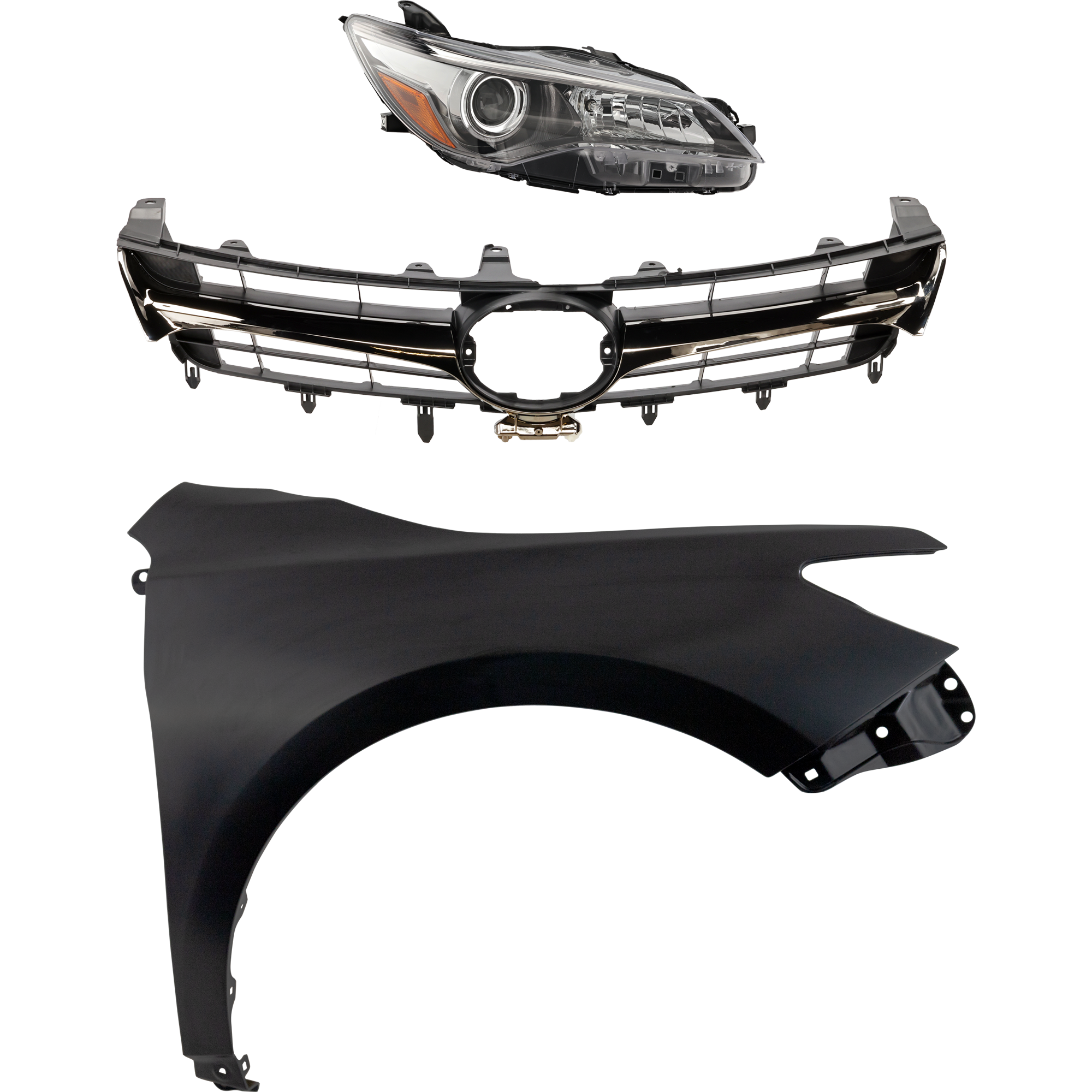 AM CAMRY 15-17 GRILLE Chrome Shell with Painted Black Insert 3 pc Kit with Fender and Headlight SKU KIT 031323-8501 Partslink TO1200464 TO1200463 TO1241250C TO2503224C OEM 5310106431-5310106631-53811062