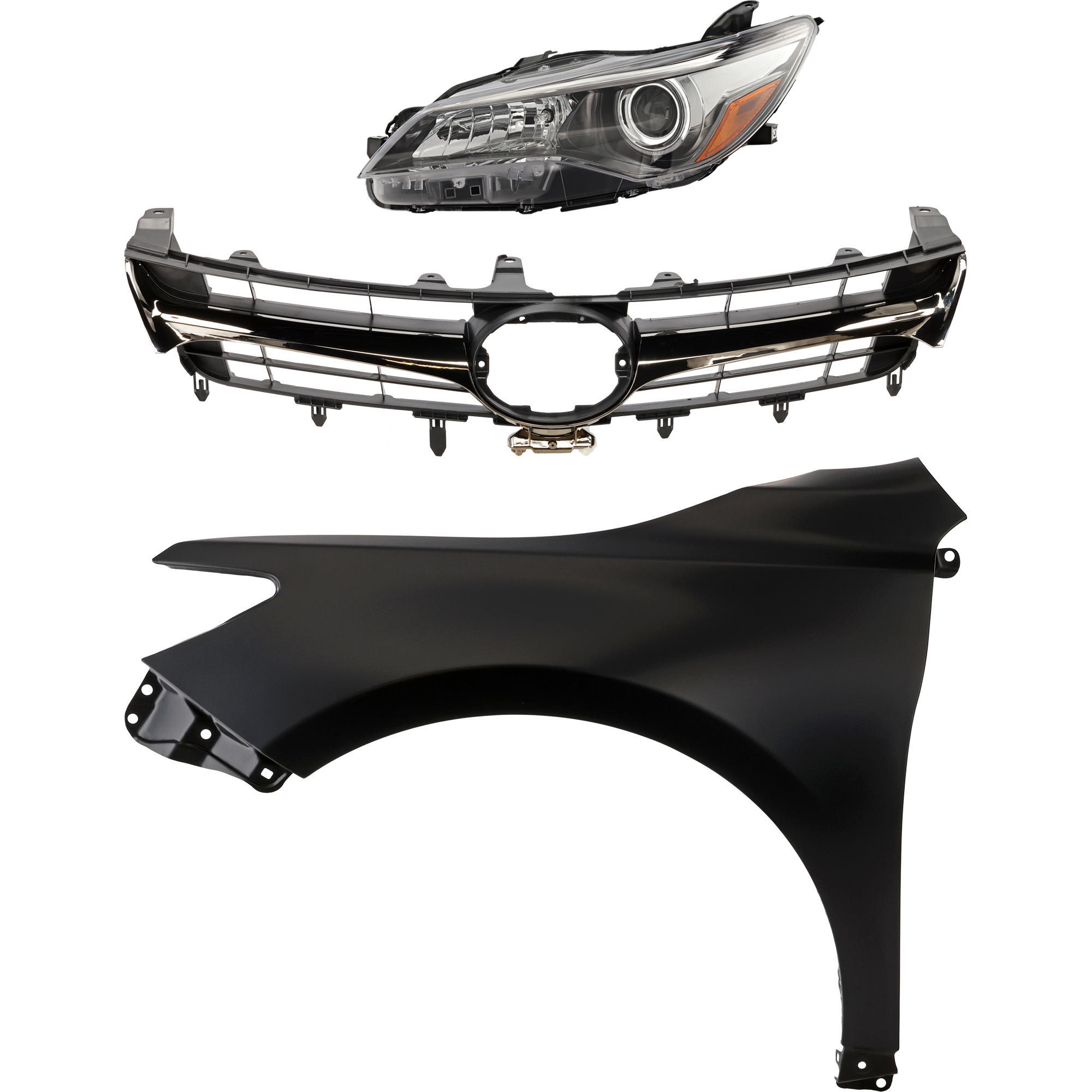 AM CAMRY 15-17 GRILLE Chrome Shell with Painted Black Insert 3 pc Kit with Fender and Headlight SKU KIT 031323-8502 Partslink TO1200464 TO1200463 TO1240250C TO2502224C OEM 5310106431-5310106631-53812062