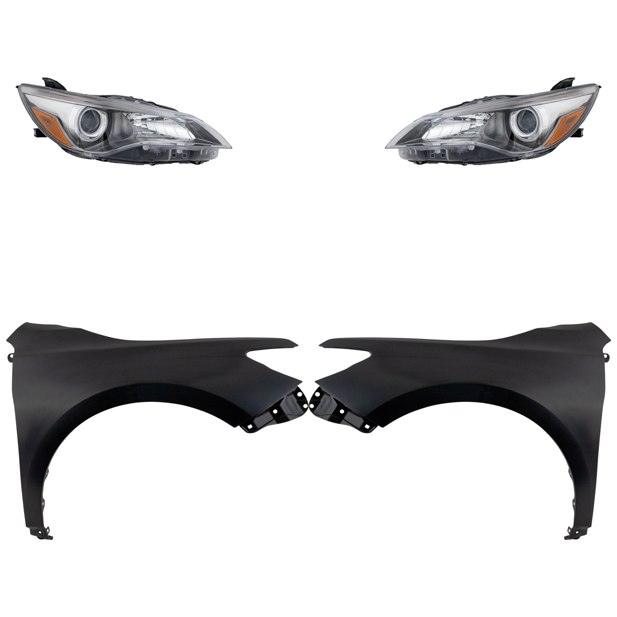 AM CAMRY 15-17 HEAD LAMP RH AND LH Assembly Halogen 4 pc Kit with Fenders SKU KIT 031323-8503 Partslink TO1240250C TO1241250C TO2502224C TO2503224C OEM 5381106200-5381206210-8111006C