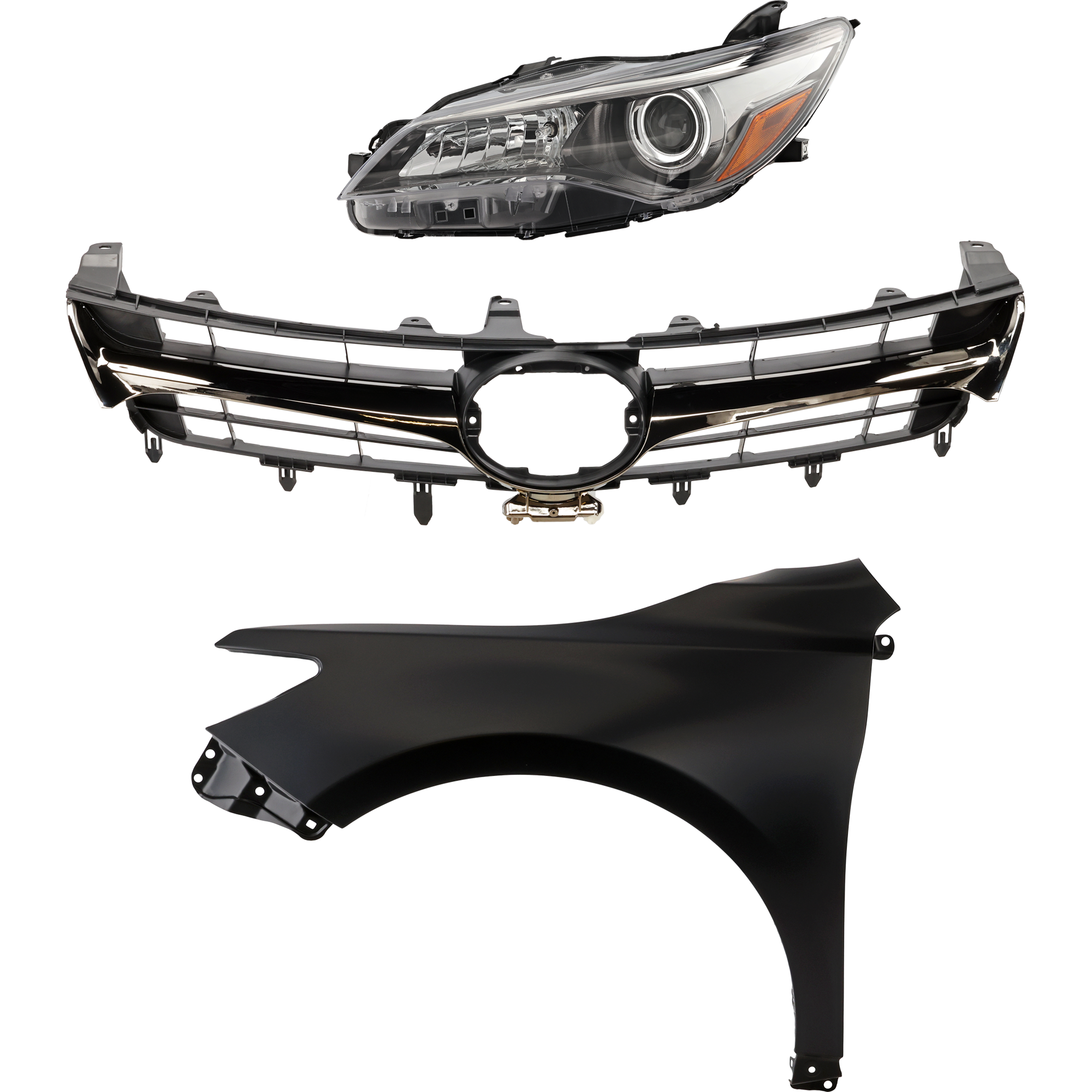 AM CAMRY 15-17 GRILLE Chrome Shell with Painted Black Insert 5 pc Kit with Fenders and Headlights SKU KIT 031323-85 Partslink TO1200464 TO1200463 TO1240250C TO1241250C TO2502224C TO2503224C OEM 5310106431-5310106631-53811062