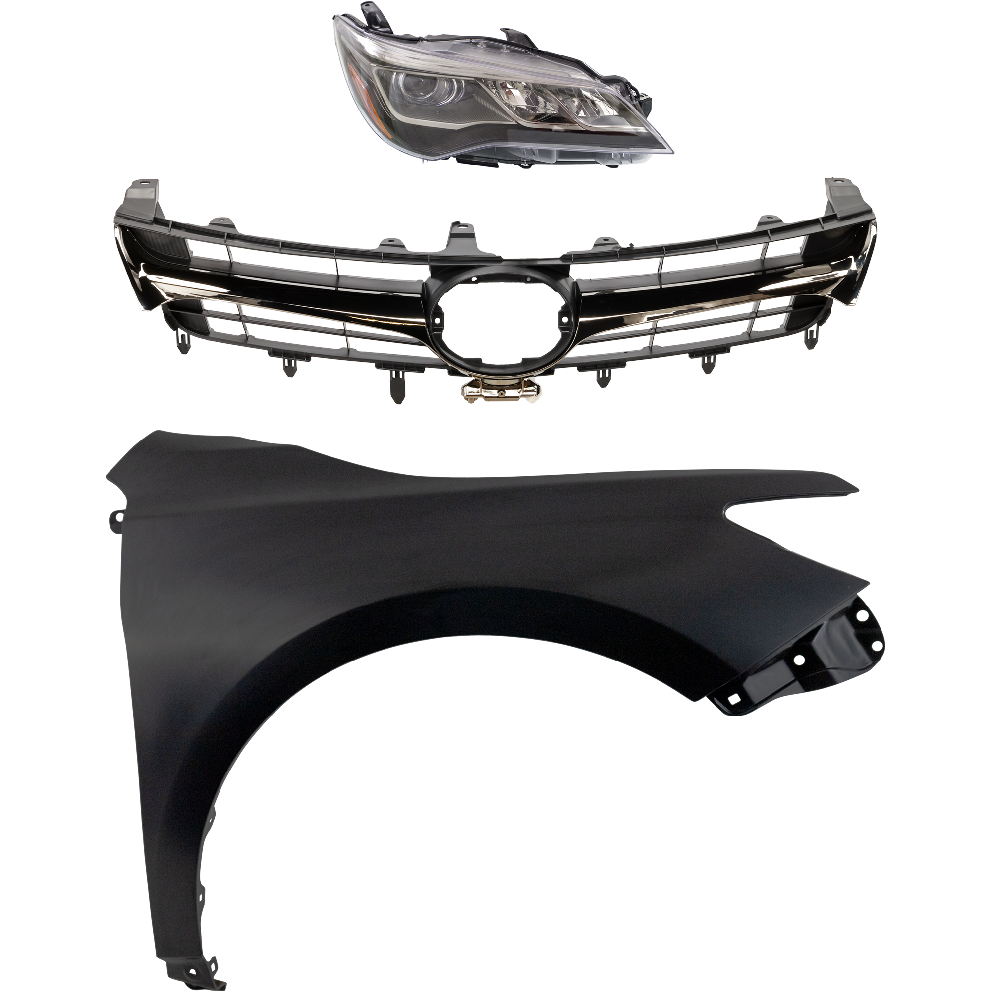 AM CAMRY 15-17 HEAD LAMP RH Assembly LED 3 pc Kit with Fender and Grille Assembly CAPA SKU KIT 031323-8601 Partslink TO1200464 TO1200463 TO1241250C TO2503229C OEM 5310106431-5310106631-53811062