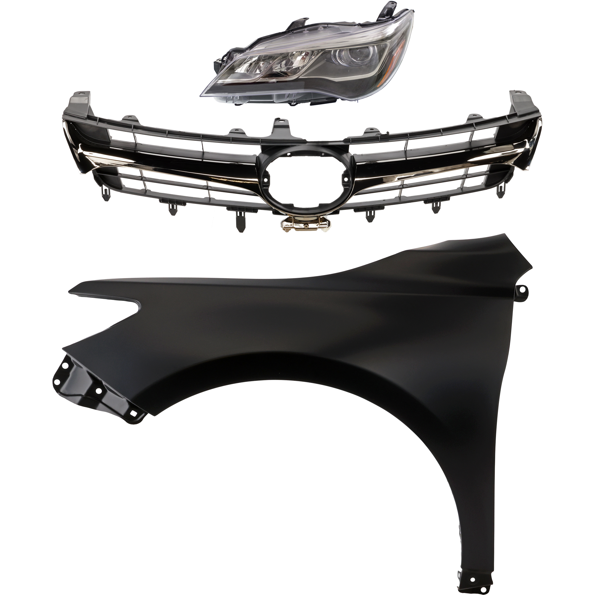AM CAMRY 15-17 HEAD LAMP LH Assembly LED 3 pc Kit with Fender and Grille Assembly CAPA SKU KIT 031323-8602 Partslink TO1200464 TO1200463 TO1240250C TO2502229C OEM 5310106431-5310106631-53812062
