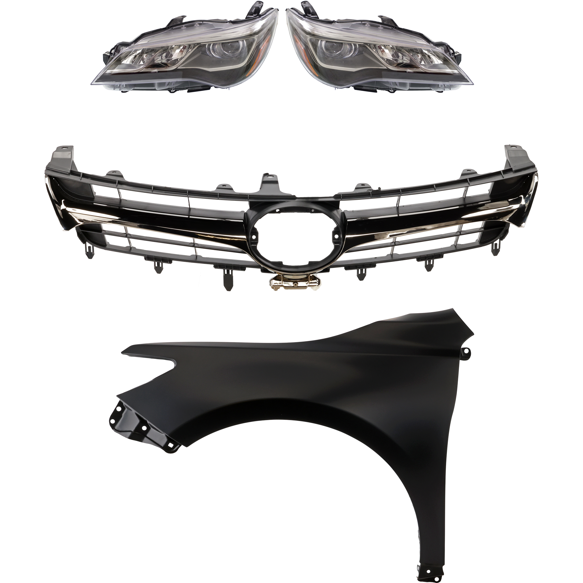 AM CAMRY 15-17 HEAD LAMP RH AND LH Assembly LED 5 pc Kit with Fenders and Grille Assembly CAPA SKU KIT 031323-86 Partslink TO1200464 TO1200463 TO1240250C TO1241250C TO2502229C TO2503229C OEM 5310106431-5310106631-53811062