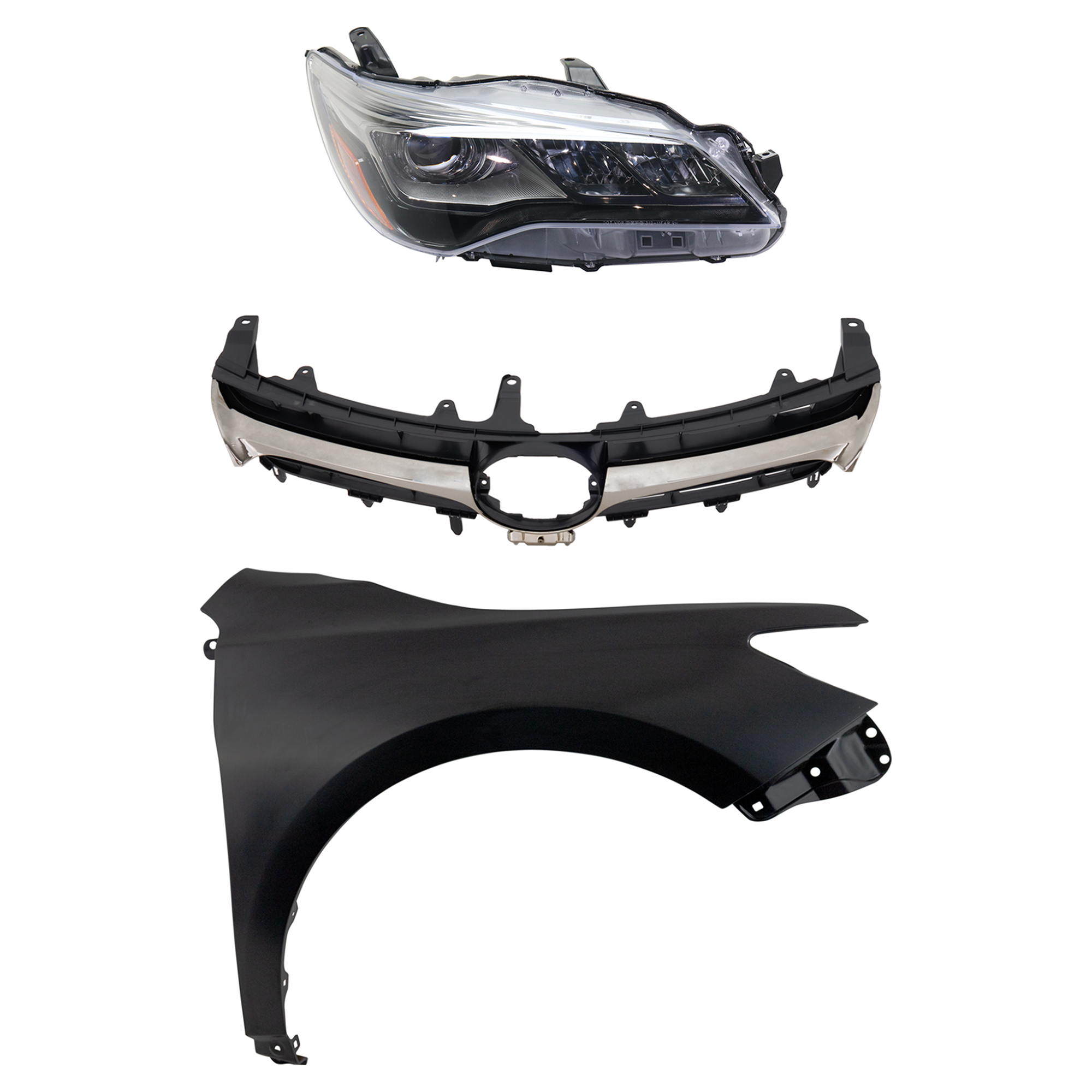 AM CAMRY 15-17 HEAD LAMP RH Assembly LED 3 pc Kit with Fender and Grille Assembly CAPA SKU KIT 031323-9001 Partslink TO1200405 TO1241250C TO2503229C OEM 5310106421-5381106200-8111006C