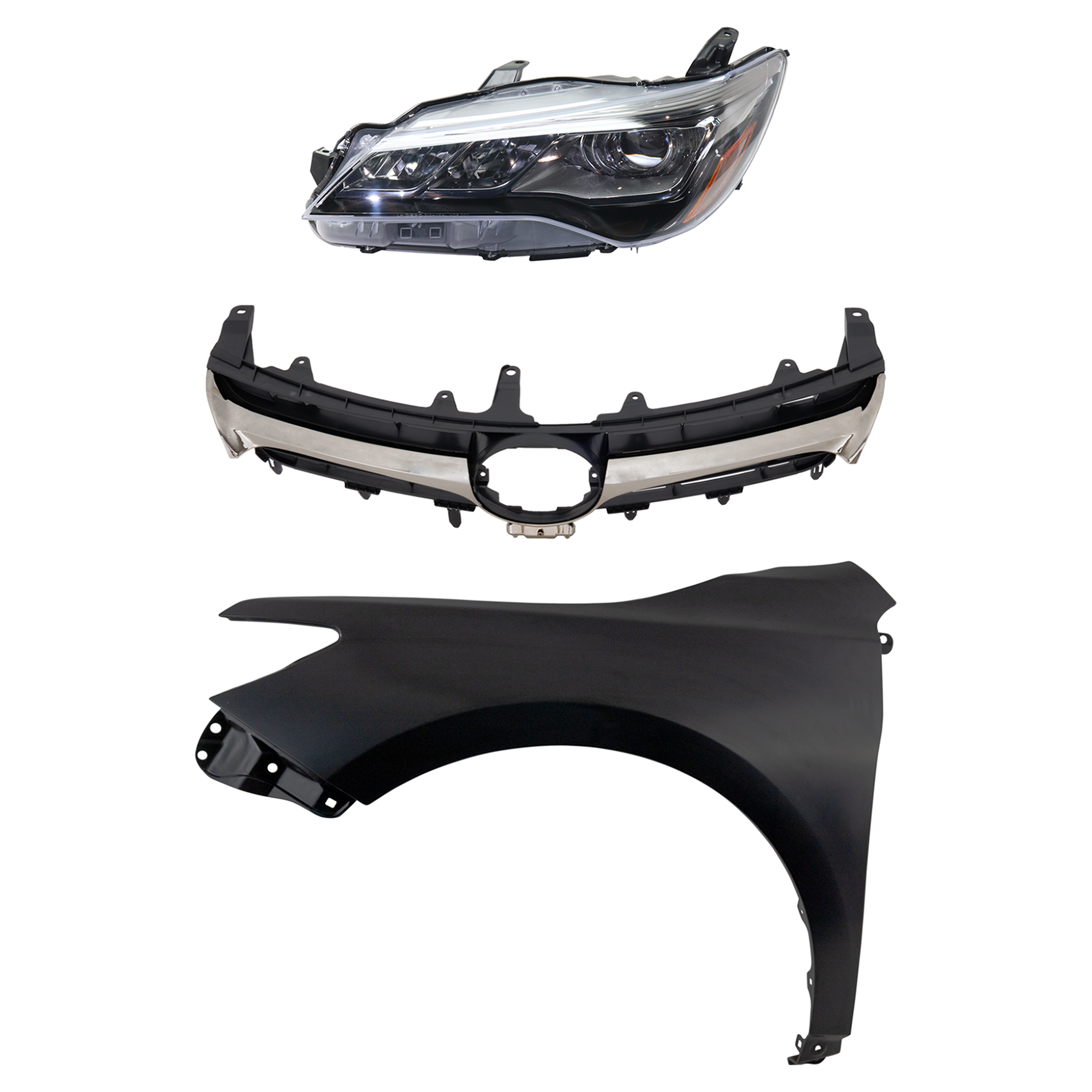 AM CAMRY 15-17 HEAD LAMP LH Assembly LED 3 pc Kit with Fender and Grille Assembly CAPA SKU KIT 031323-9002 Partslink TO1200405 TO1240250C TO2502229C OEM 5310106421-5381206210-8115006C