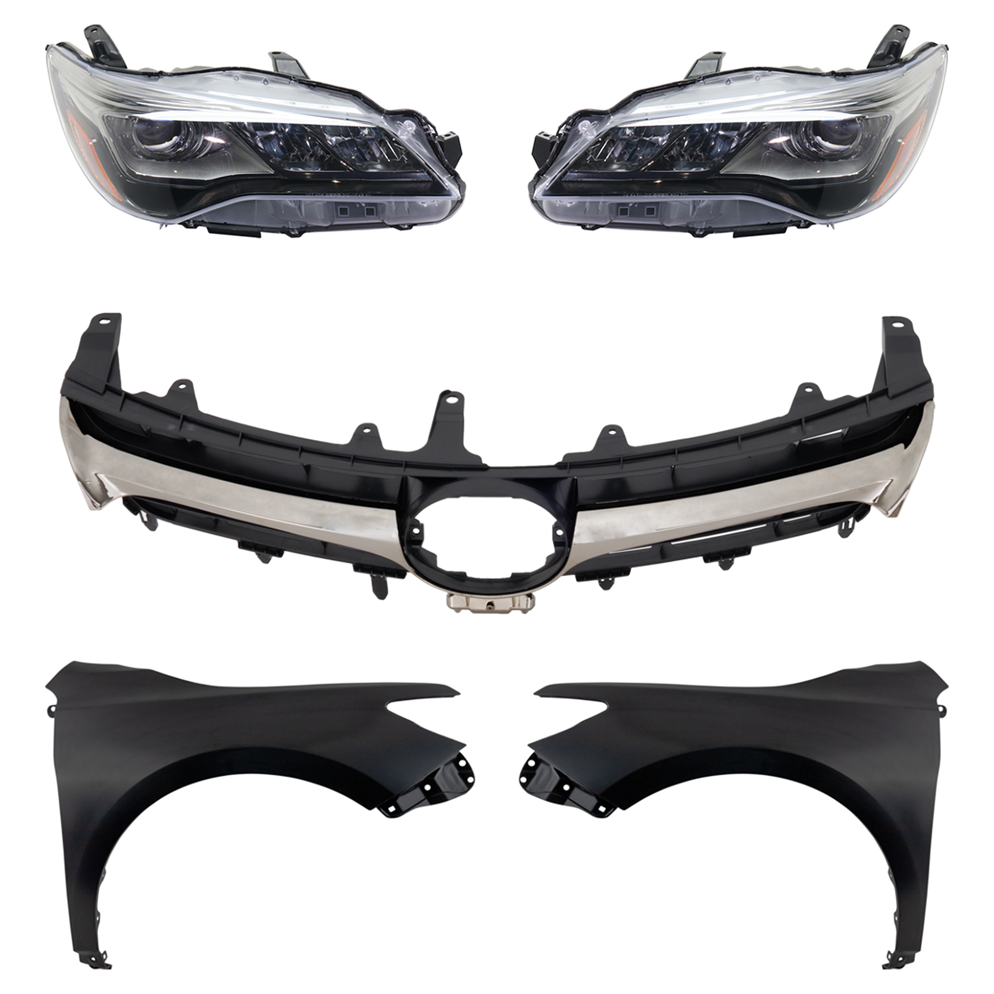 AM CAMRY 15-17 HEAD LAMP RH AND LH Assembly LED 5 pc Kit with Fenders and Grille Assembly CAPA SKU KIT 031323-90 Partslink TO1200405 TO1240250C TO1241250C TO2502229C TO2503229C OEM 5310106421-5381106200-53812062