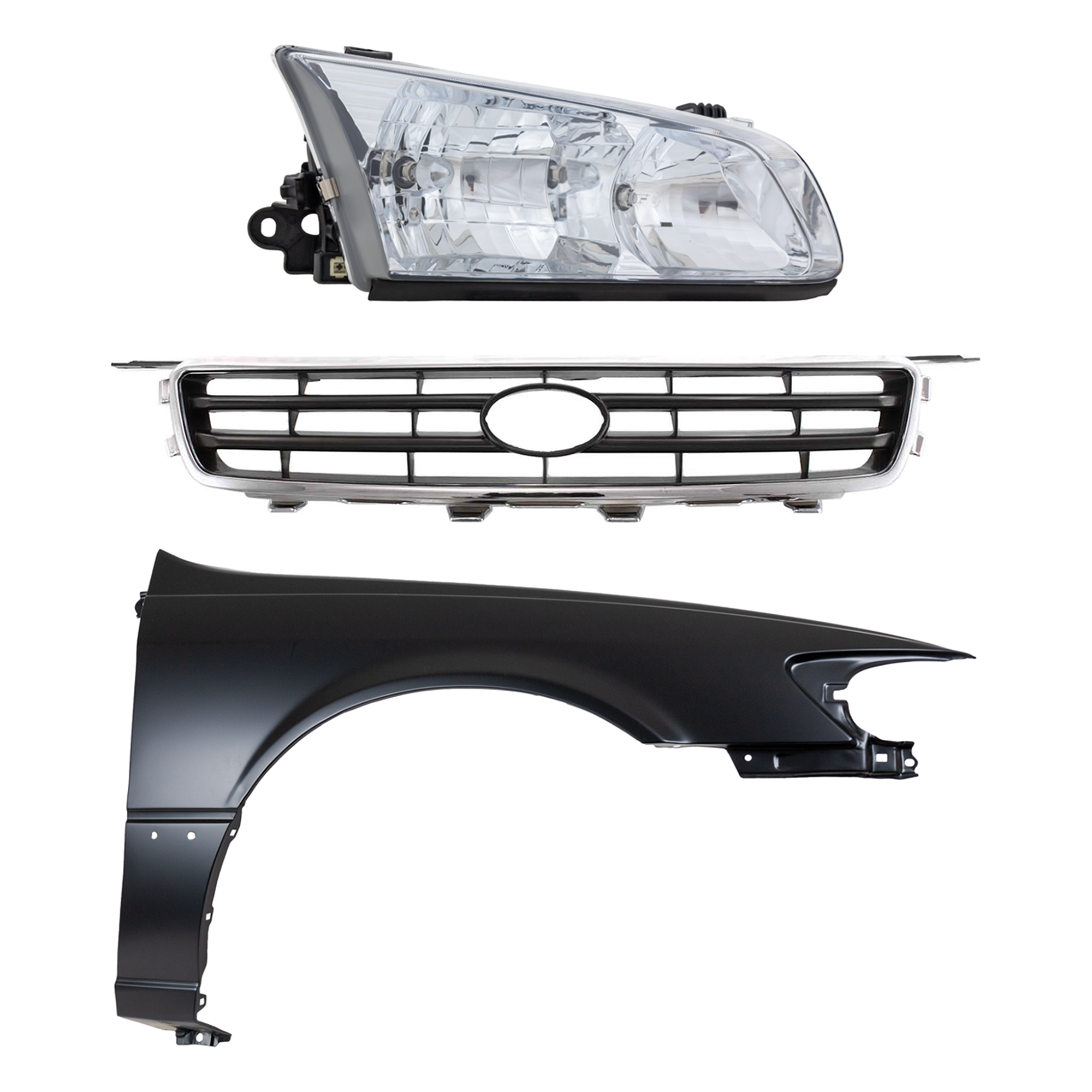 AM CAMRY 00-01 FRONT FENDER RH Primed 3 pc Kit with Grille and Headlight SKU KIT 031323-9401 Partslink TO1241162 TO1200225 TO2503130 OEM 53811AA020-53111AA020-81110AA0