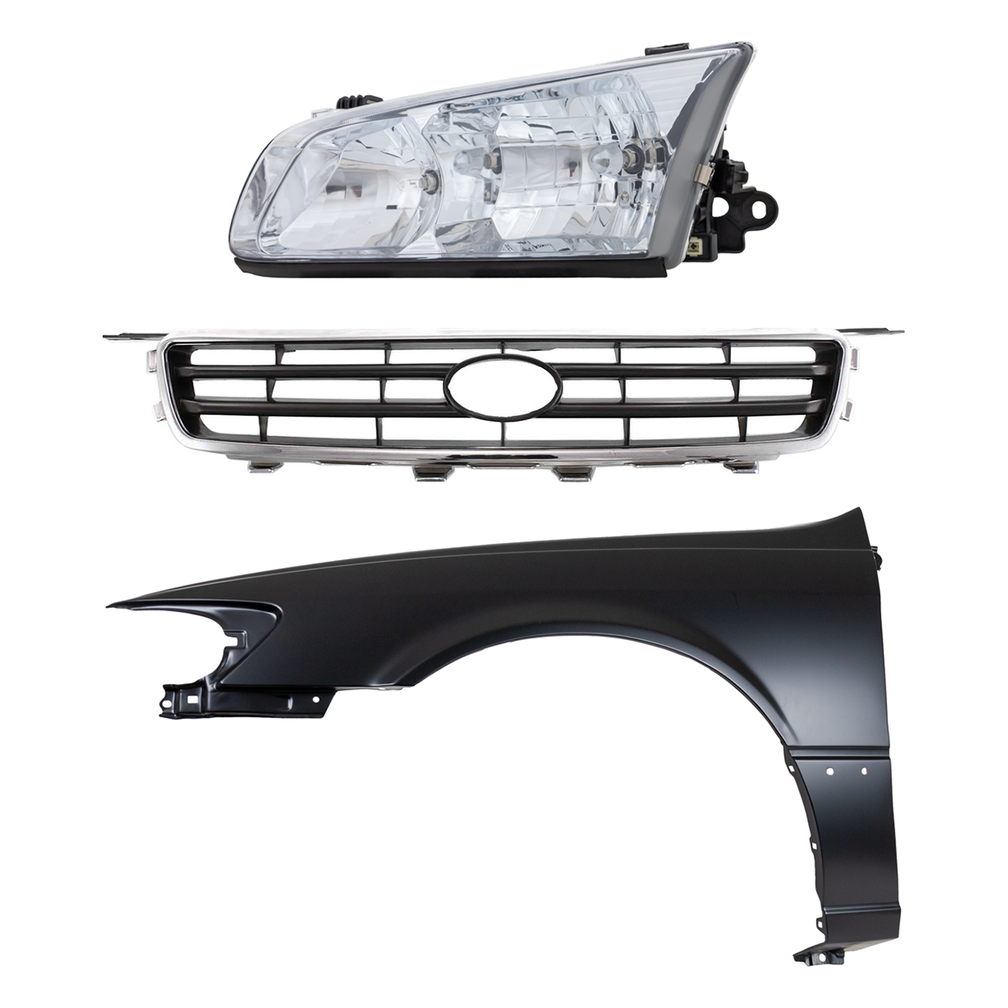 AM CAMRY 00-01 FRONT FENDER LH Primed 3 pc Kit with Grille and Headlight SKU KIT 031323-9402 Partslink TO1240162 TO1200225 TO2502130 OEM 53812AA020-53111AA020-81150AA0