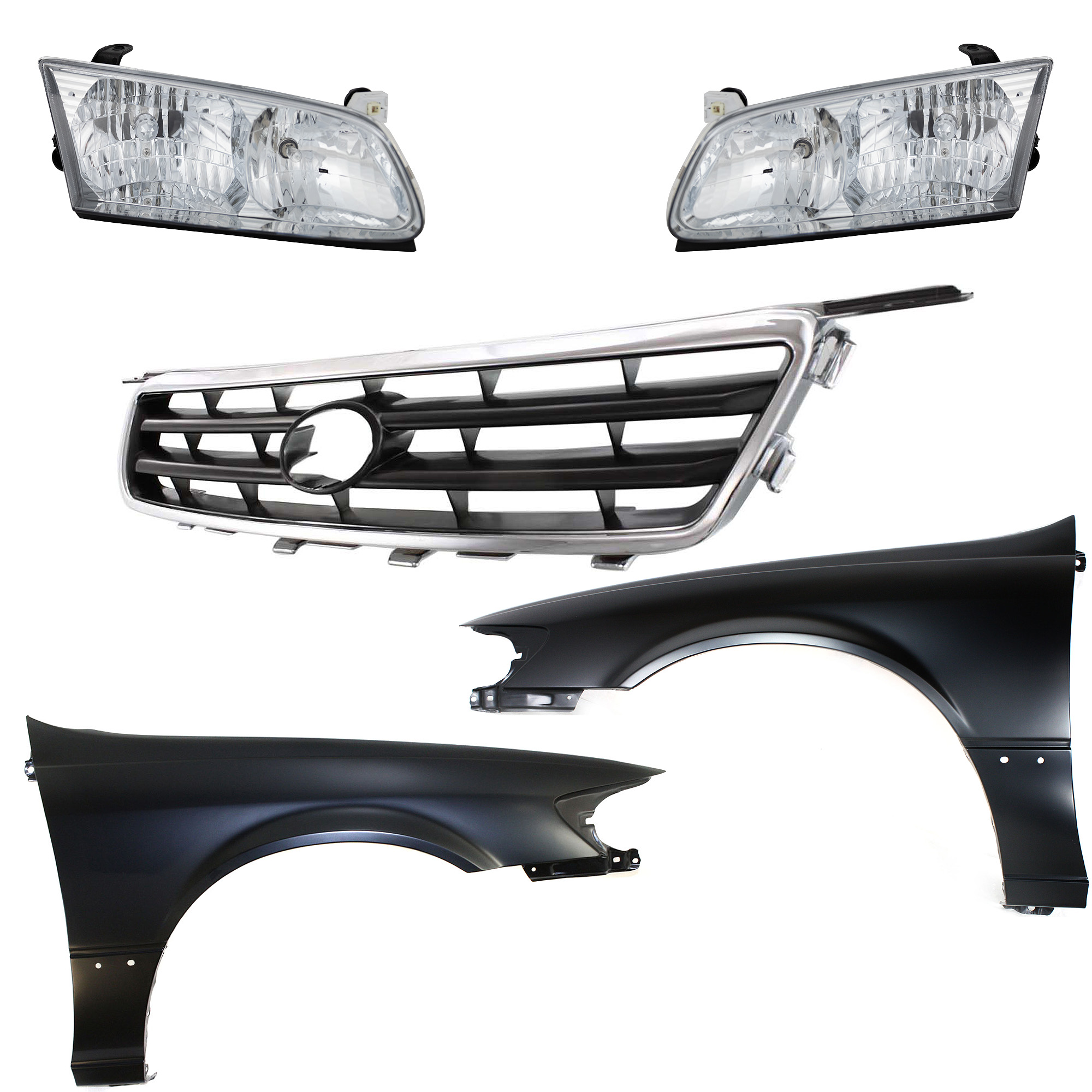 AM CAMRY 00-01 FRONT FENDER RH AND LH Primed 5 pc Kit with Grille and Headlights SKU KIT 031323-94 Partslink TO1241162 TO1240162 TO1200225 TO2502130 TO2503130 OEM 53811AA020-53812AA020-53111AA0