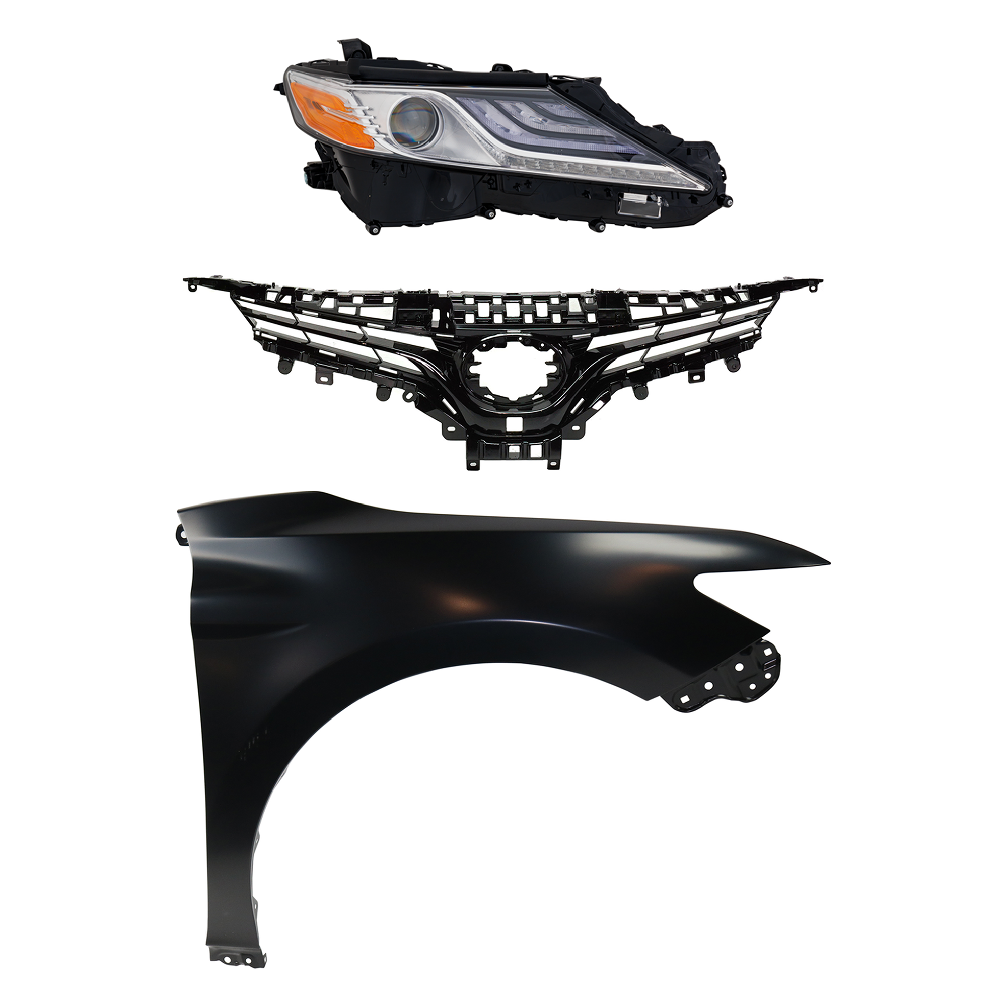 AM CAMRY 18-18 HEAD LAMP RH Assembly 3 pc Kit with Fender and Grille Assembly SKU KIT 031323-9701 Partslink TO2503256 TO1241266 TO1200421 OEM 8111006D70-5380106170-5310106A