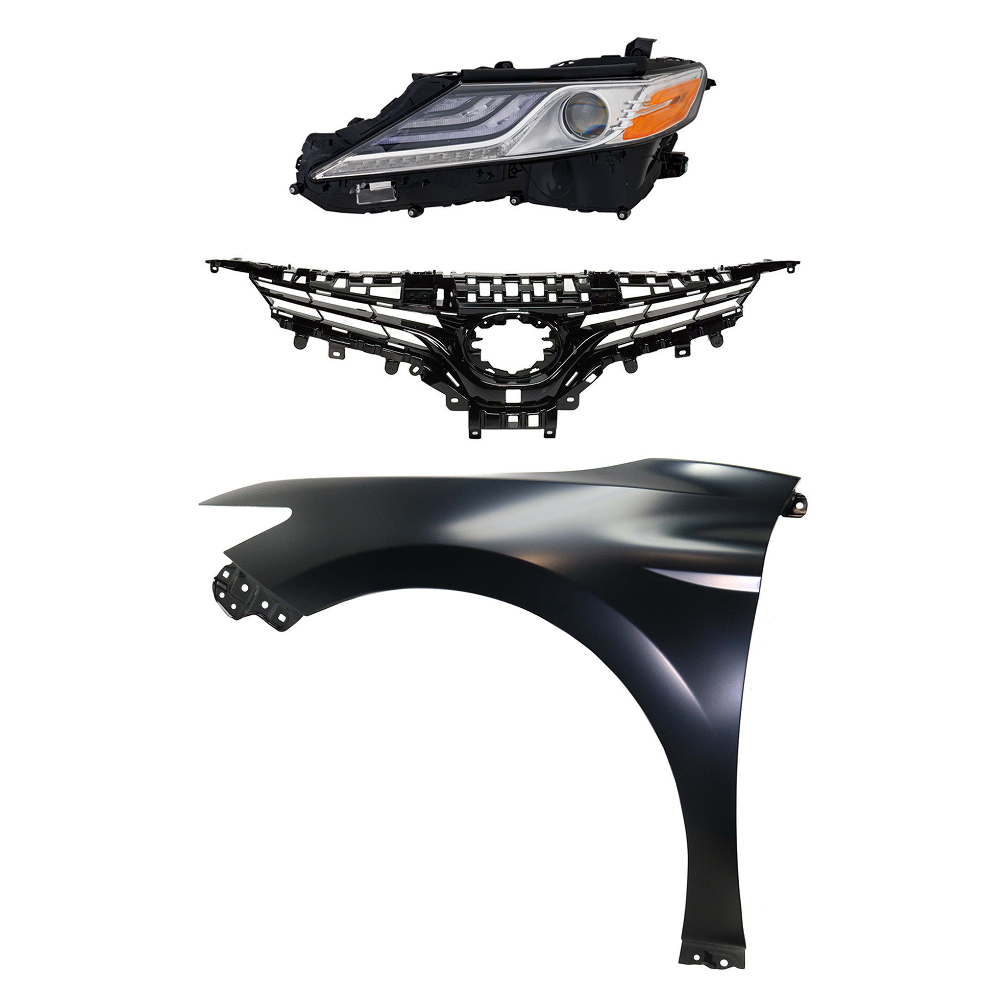 AM CAMRY 18-18 HEAD LAMP LH Assembly LED 3 pc Kit with Fender and Grille Assembly SKU KIT 031323-9702 Partslink TO2502256 TO1240266 TO1200421 OEM 8115006D70-5380206180-5310106A