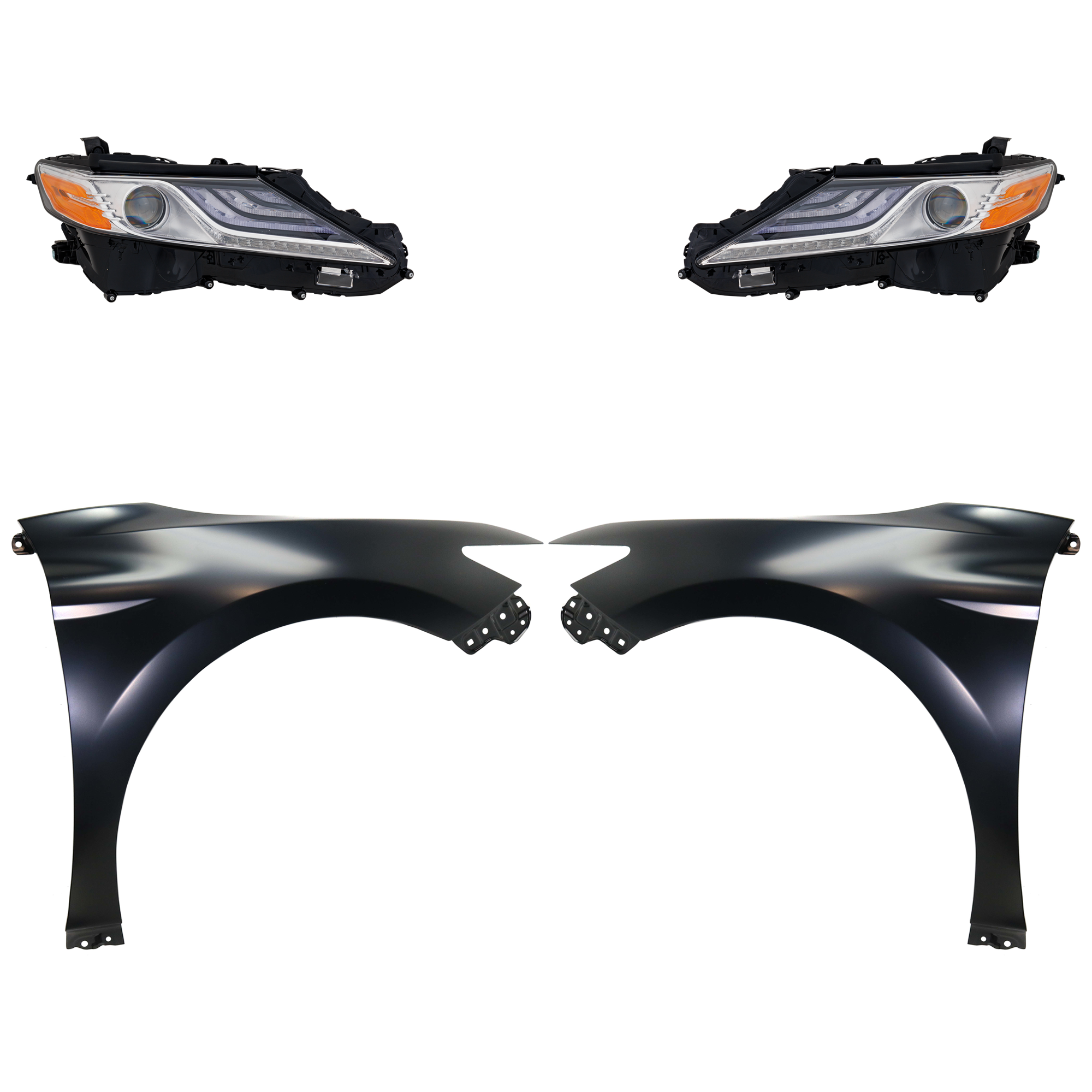 AM CAMRY 18-18 HEAD LAMP RH AND LH Assembly LED 4 pc Kit with Fenders SKU KIT 031323-9703 Partslink TO2503256 TO2502256 TO1240266 TO1241266 OEM 8111006D70-8115006D70-53802061