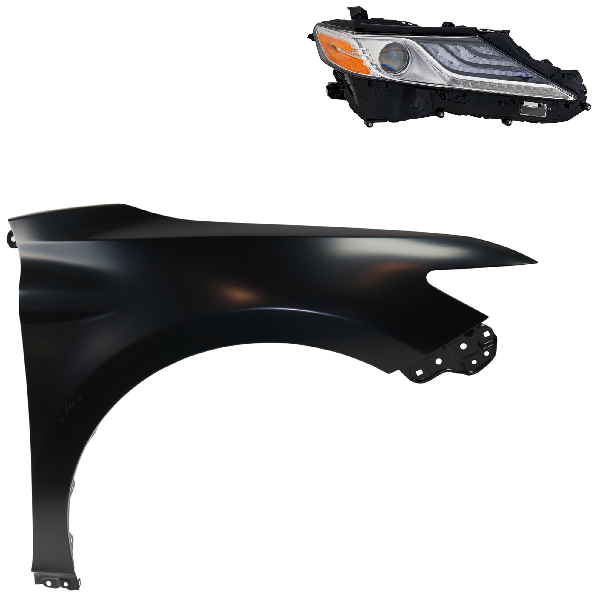 AM CAMRY 18-18 HEAD LAMP RH Assembly 2 pc Kit with Fender SKU KIT 031323-9704 Partslink TO2503256 TO1241266 OEM 8111006D70-5380106170